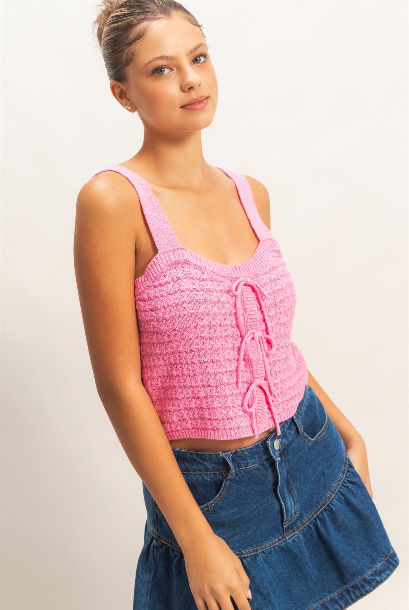 Wholesale Textured Knit Tank Clothing Tops HF26C002 PINK HYFVE