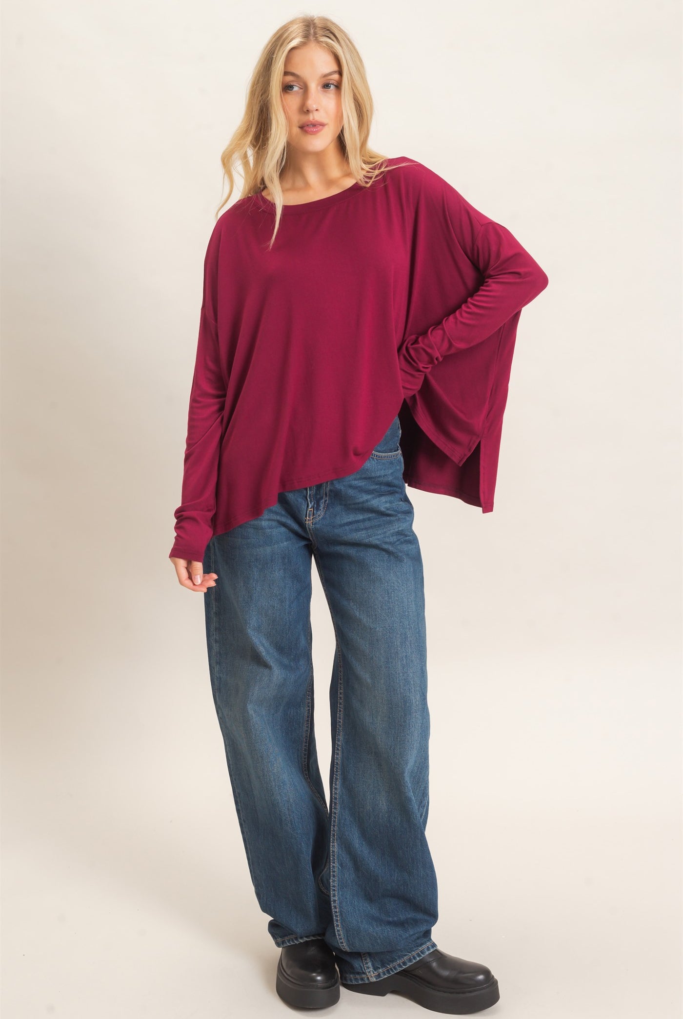Wholesale Boat Neck Boxy Top Clothing Tops HF26F298 BURGUNDY HYFVE