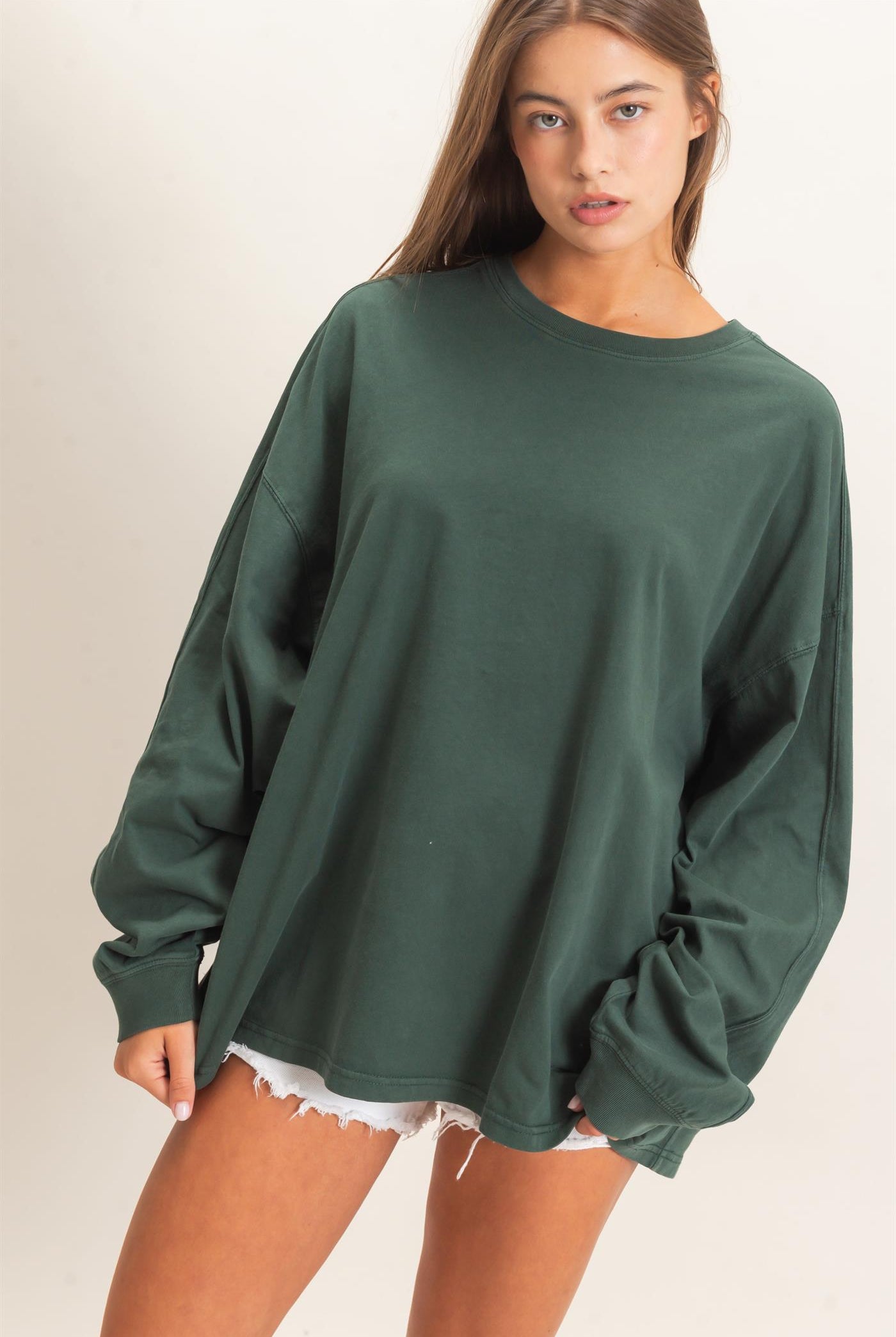 Wholesale Pigment Dye Oversized Long Sleeve Top Clothing Tops DZ26A825 DARK GREEN DOUBLE ZERO