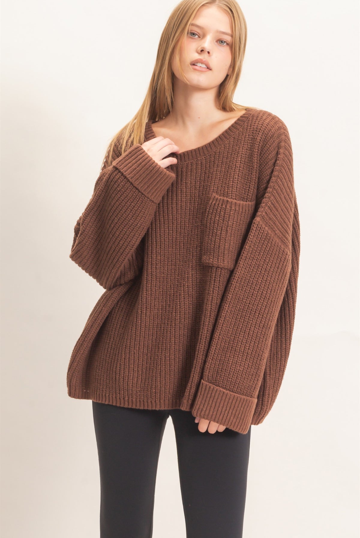Wholesale Ribbed Knit Patch Pocket Sweater Sweaters HF26F177 BROWN HYFVE