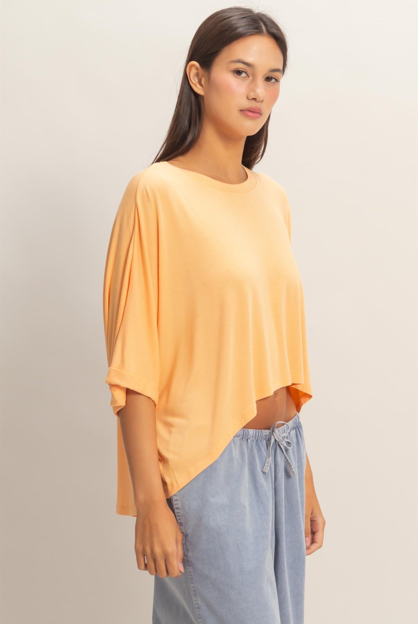 Wholesale Relaxed High-Low Batwing Sleeve Top Shirts DZ26A742 APRICOT DOUBLE ZERO