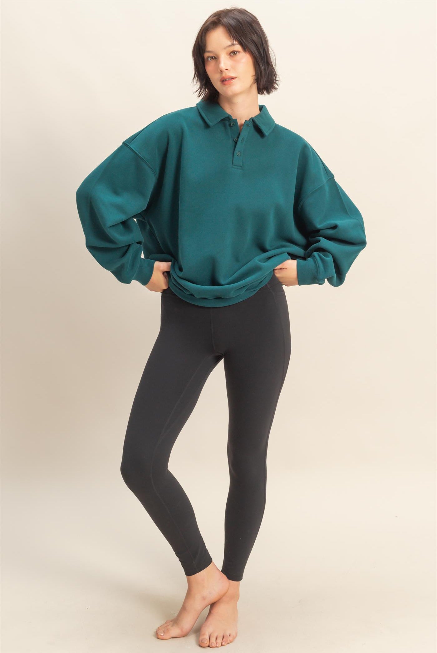 Wholesale Oversized Polo Collared Pullover Sweatshirts DZ25F074 DEEP GREEN DOUBLE ZERO