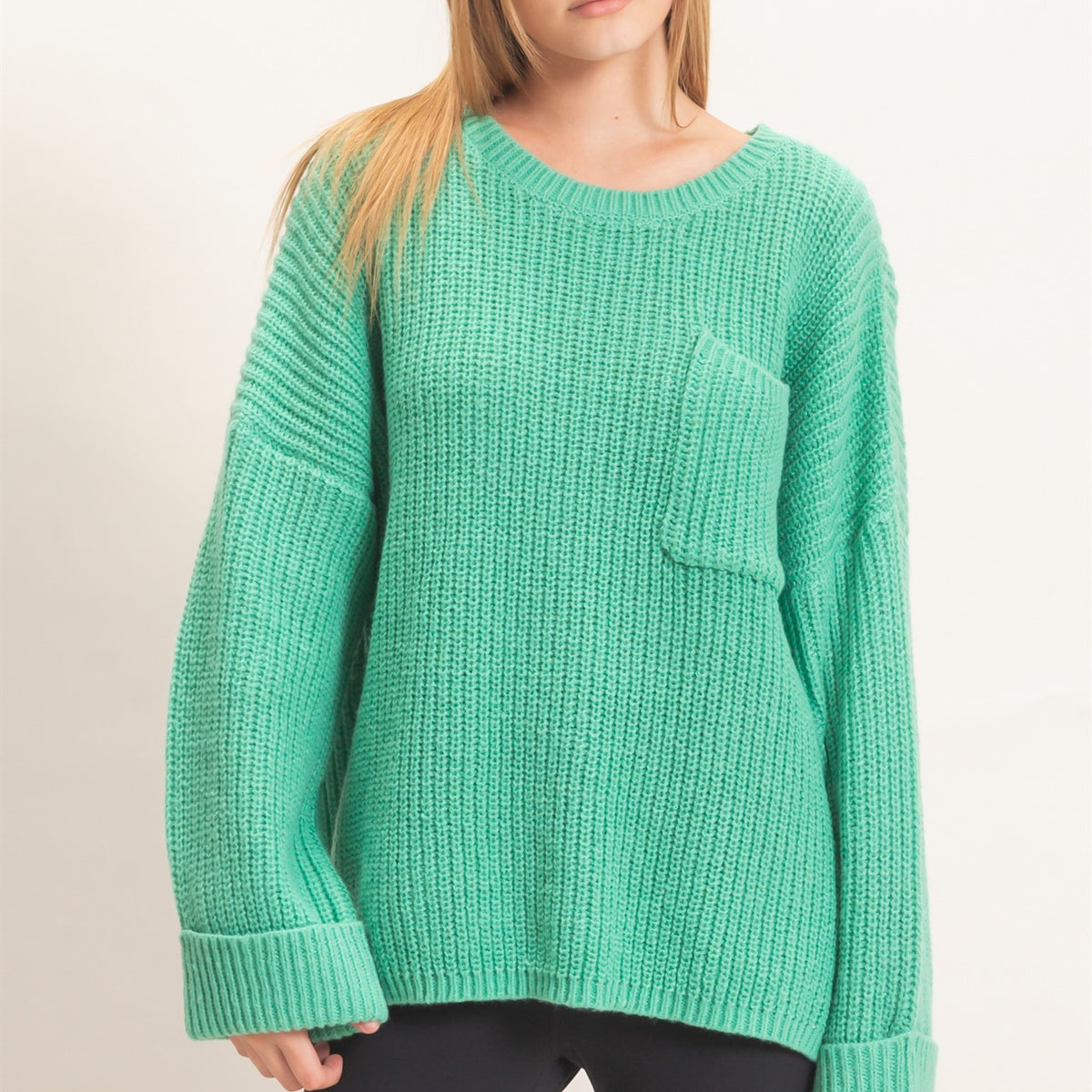 Wholesale Ribbed Knit Patch Pocket Sweater Sweaters HF26F177 GREEN HYFVE