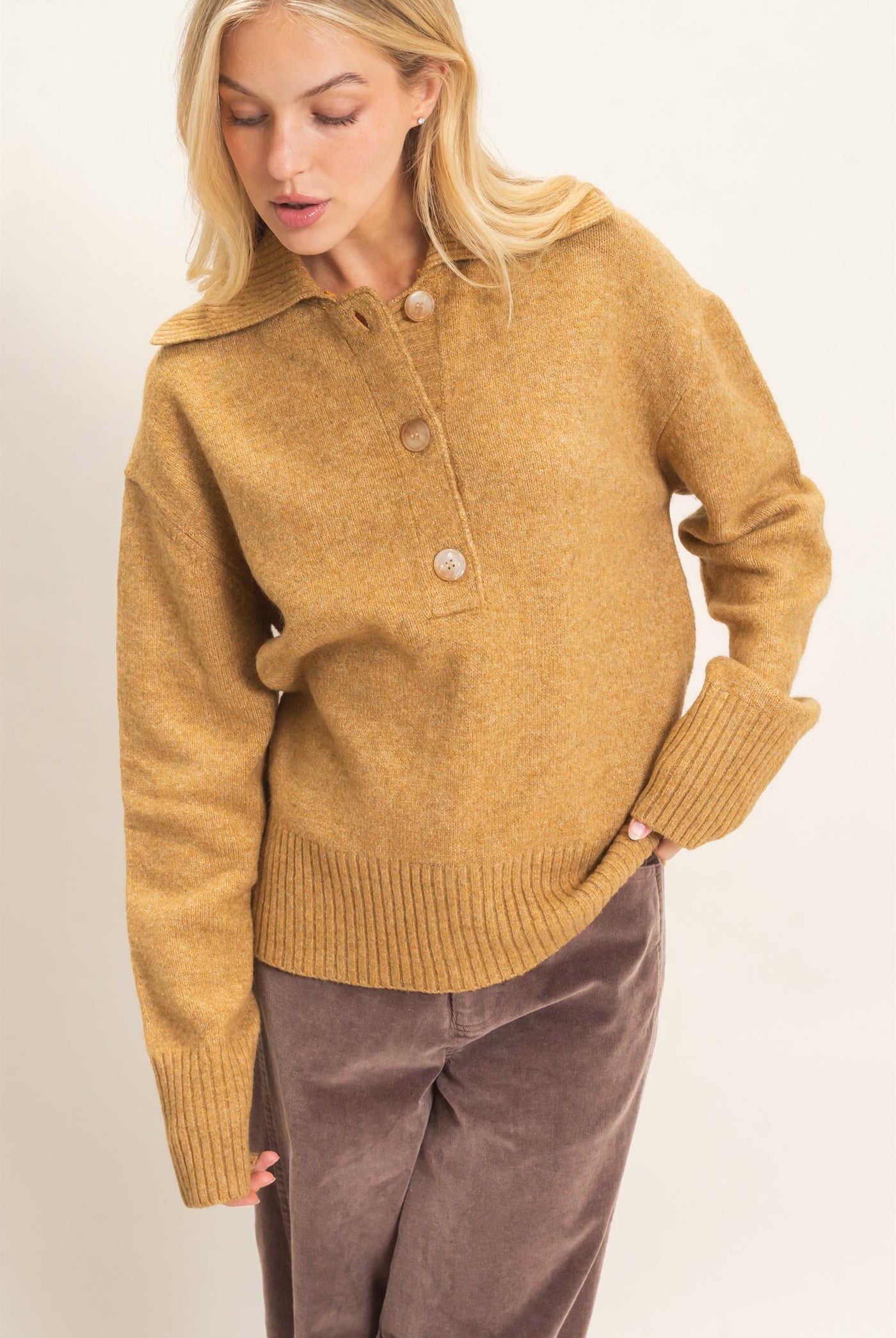 Wholesale Button-Up Collared Sweater Sweaters HF26E752 CAMEL HYFVE