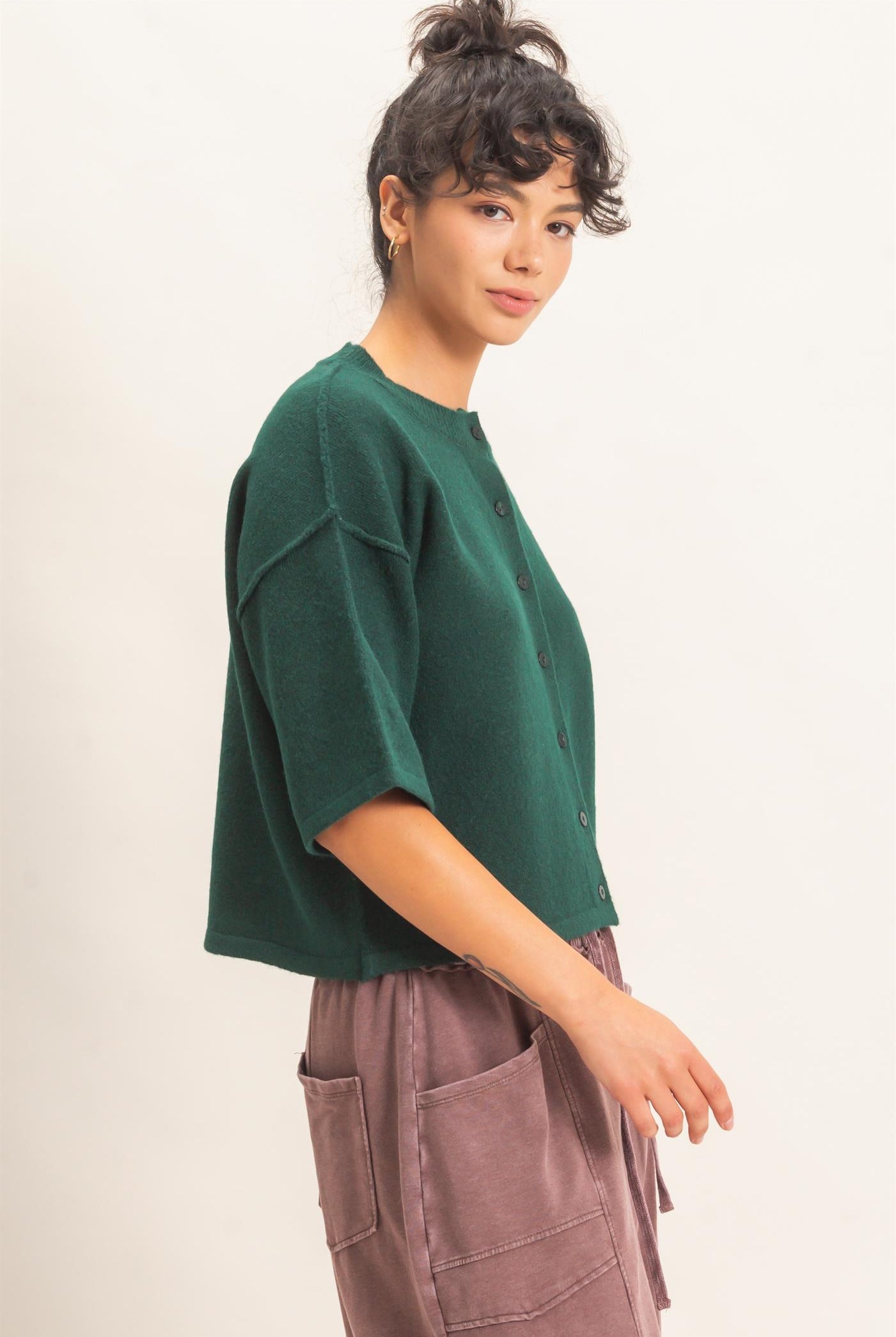 Wholesale Drop Shoulder Short Sleeve Cardigan Cardigans DZ26E238 DARK GREEN DOUBLE ZERO