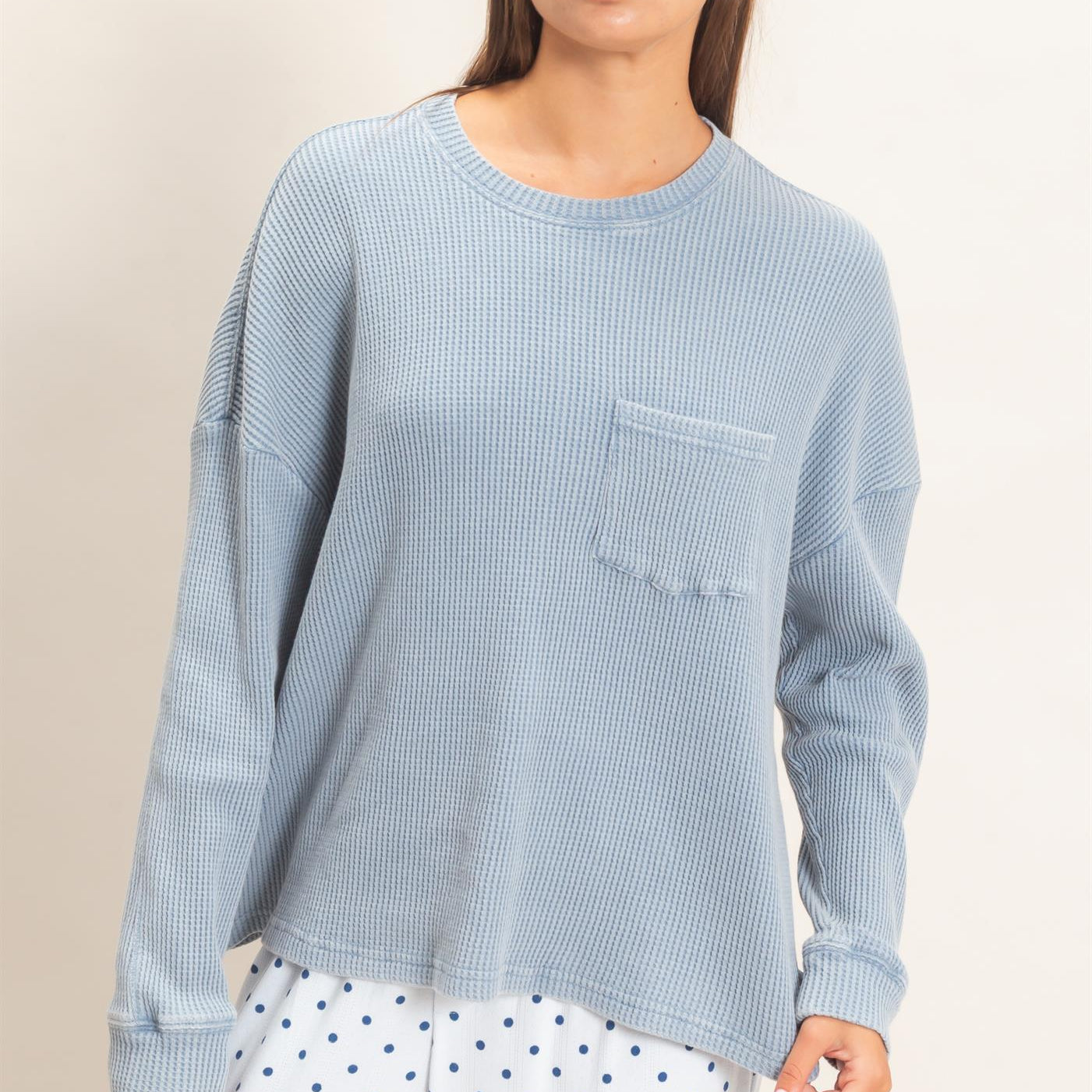 Wholesale Mineral Wash Waffle Long Sleeve Top Clothing Tops DZ26F242 DUSTY BLUE DOUBLE ZERO