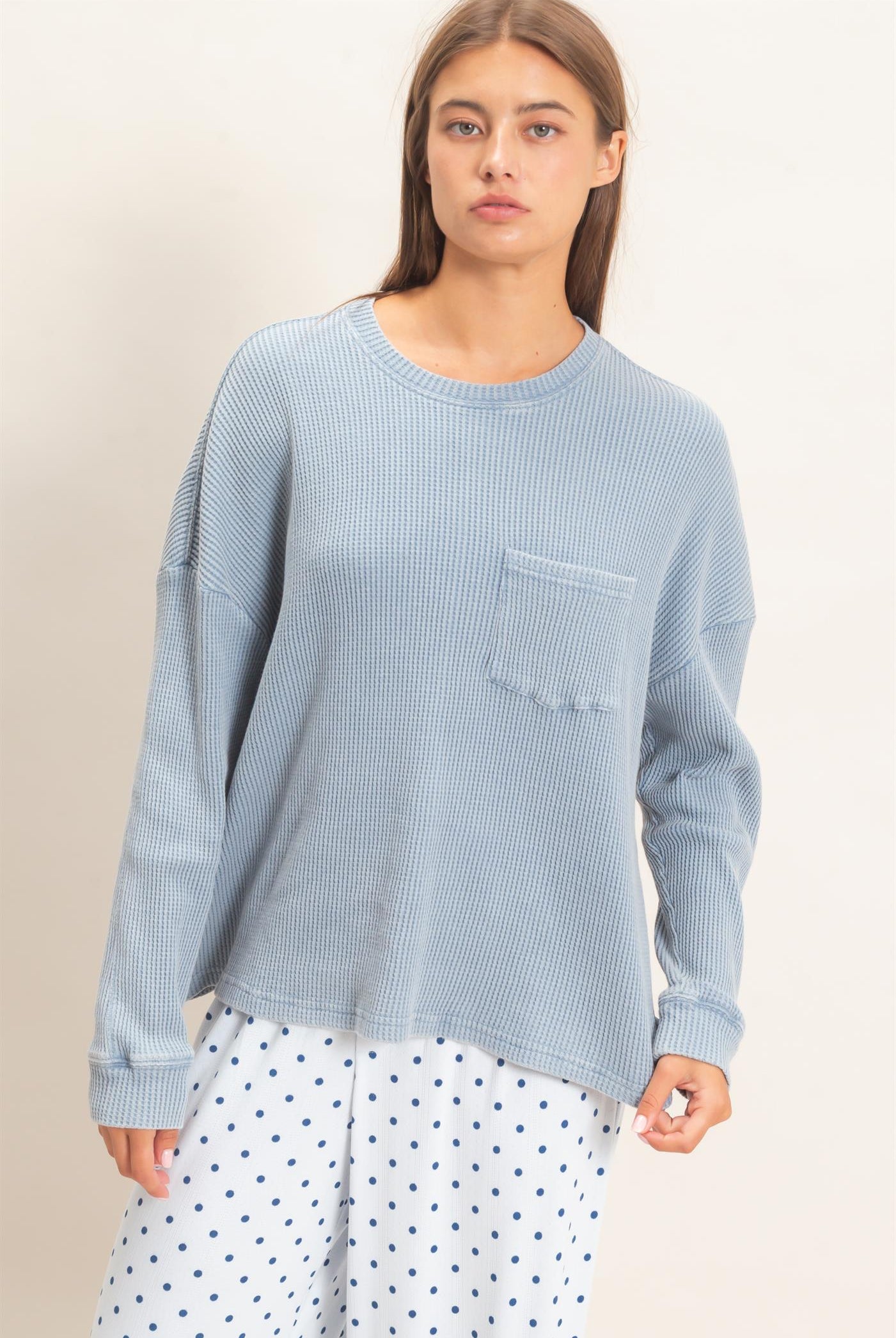 Wholesale Mineral Wash Waffle Long Sleeve Top Clothing Tops DZ26F242 DUSTY BLUE DOUBLE ZERO