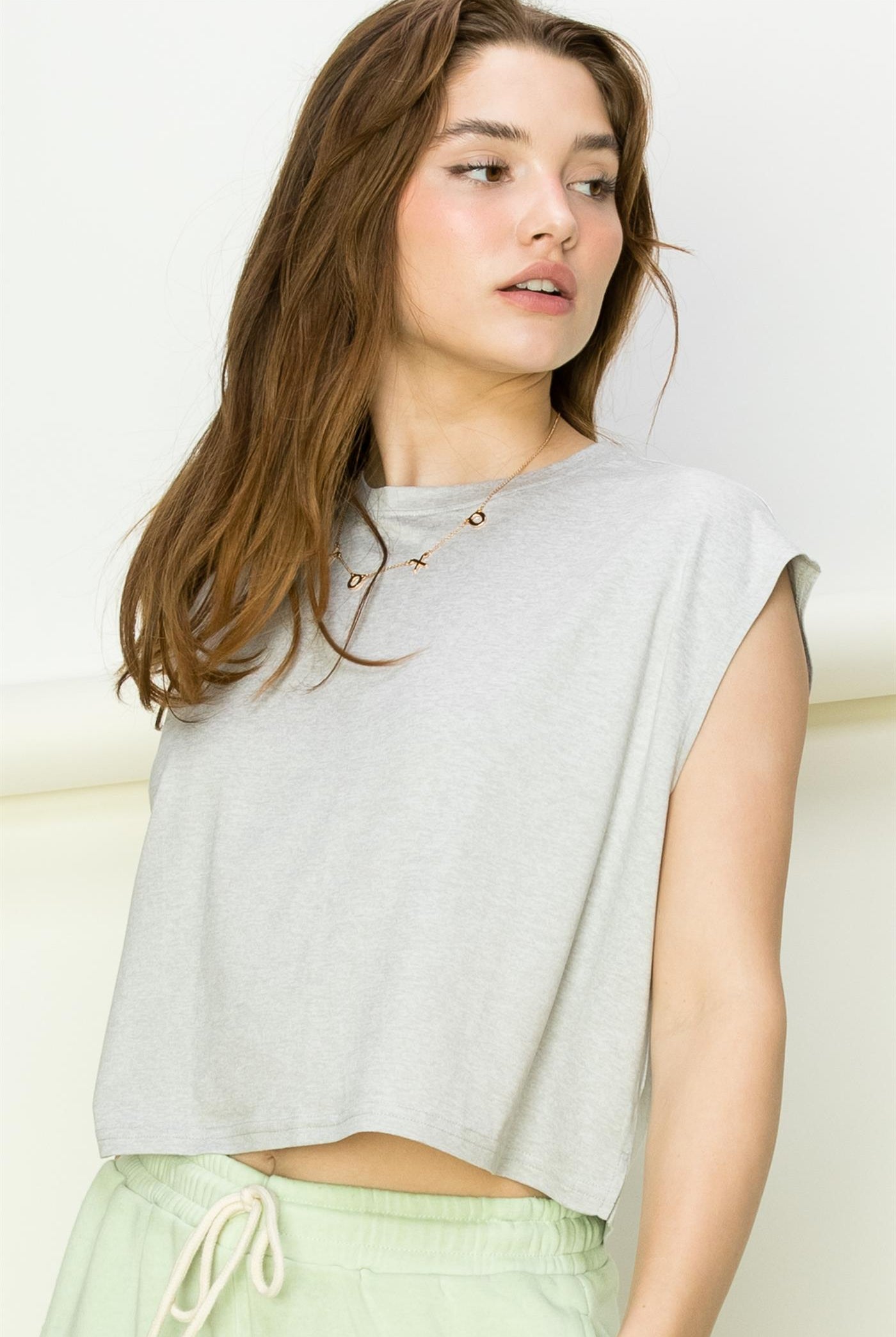 Wholesale Crew Neck Cropped Top Clothing Tops DZ22E688 LIGHT HEATHER GRAY DOUBLE ZERO