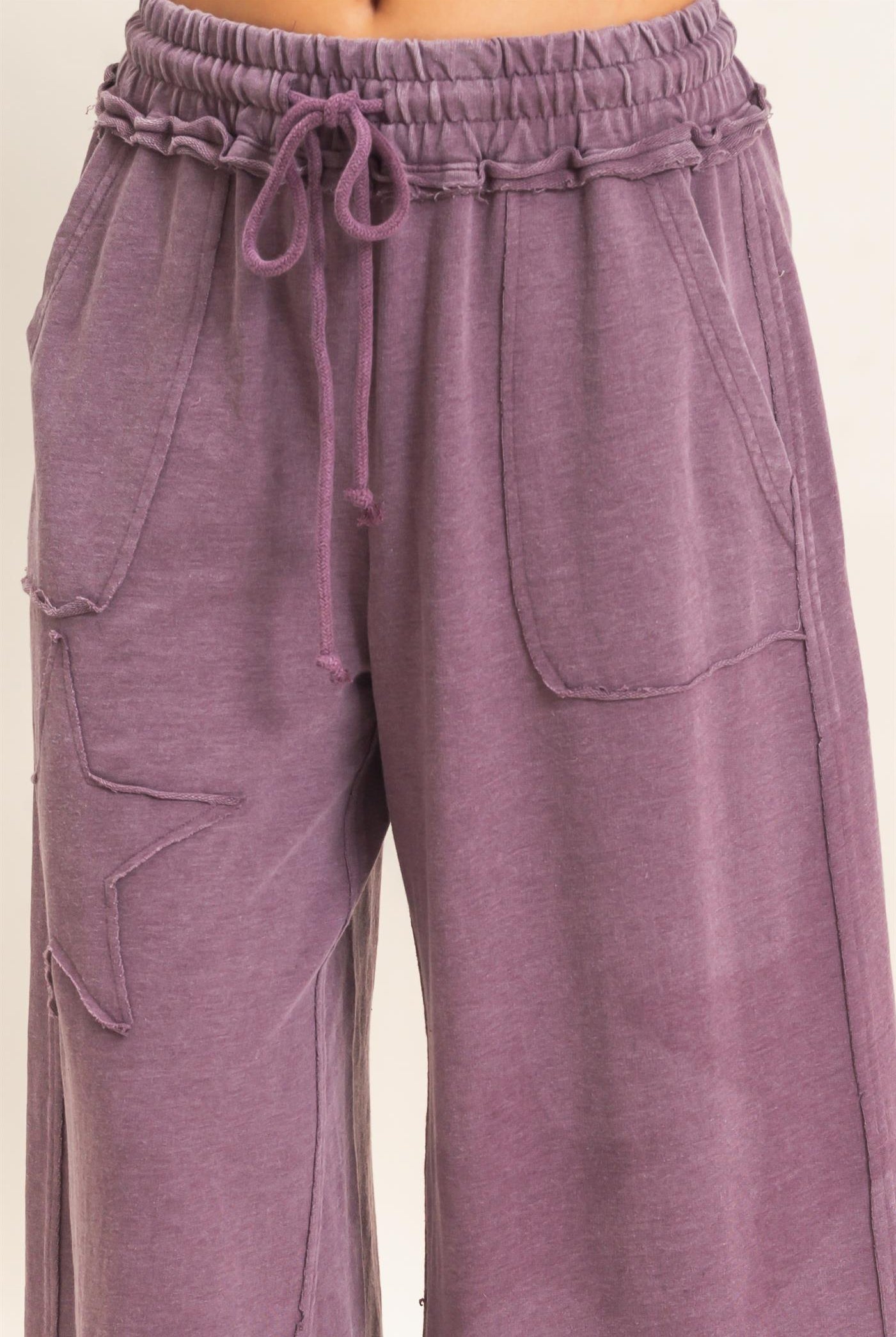 Wholesale Mineral Wash Star Patch And Print Wide Leg Pants Pants DZ26F060 DARK CHERRY DOUBLE ZERO