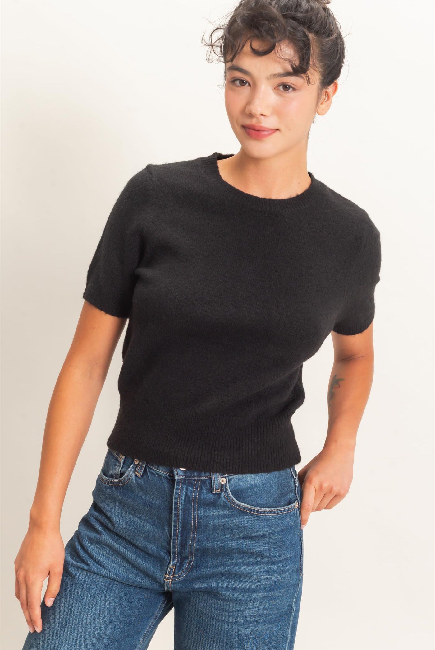 Wholesale Crew Neck Short Sleeve Knit Top Clothing Tops DZ26E944 BLACK DOUBLE ZERO