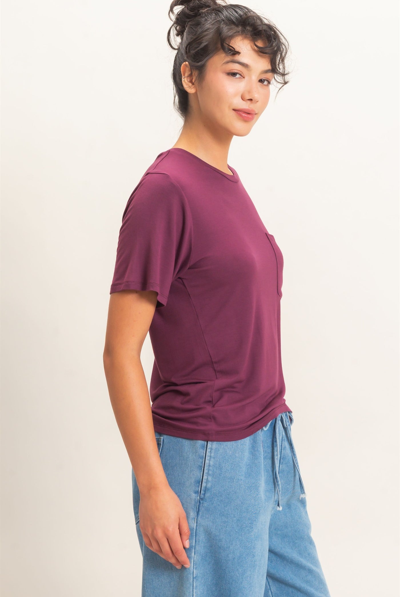 Wholesale Crew Neck Pocket Tee Clothing Tops DZ26E254 DARK CHERRY DOUBLE ZERO