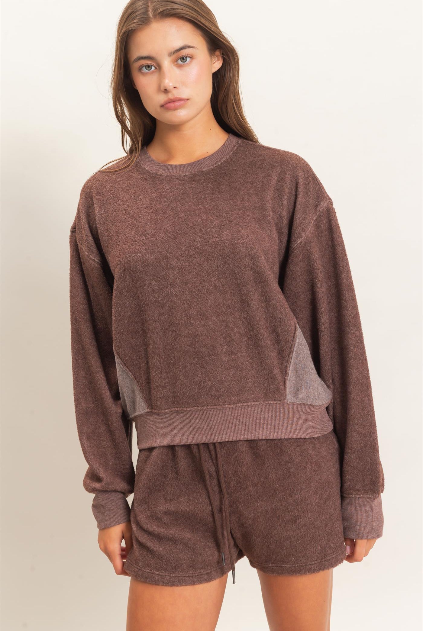 Wholesale Contrast Sweatshirt & Shorts Set Clothing DZ25F478-SET DARK BROWN DOUBLE ZERO
