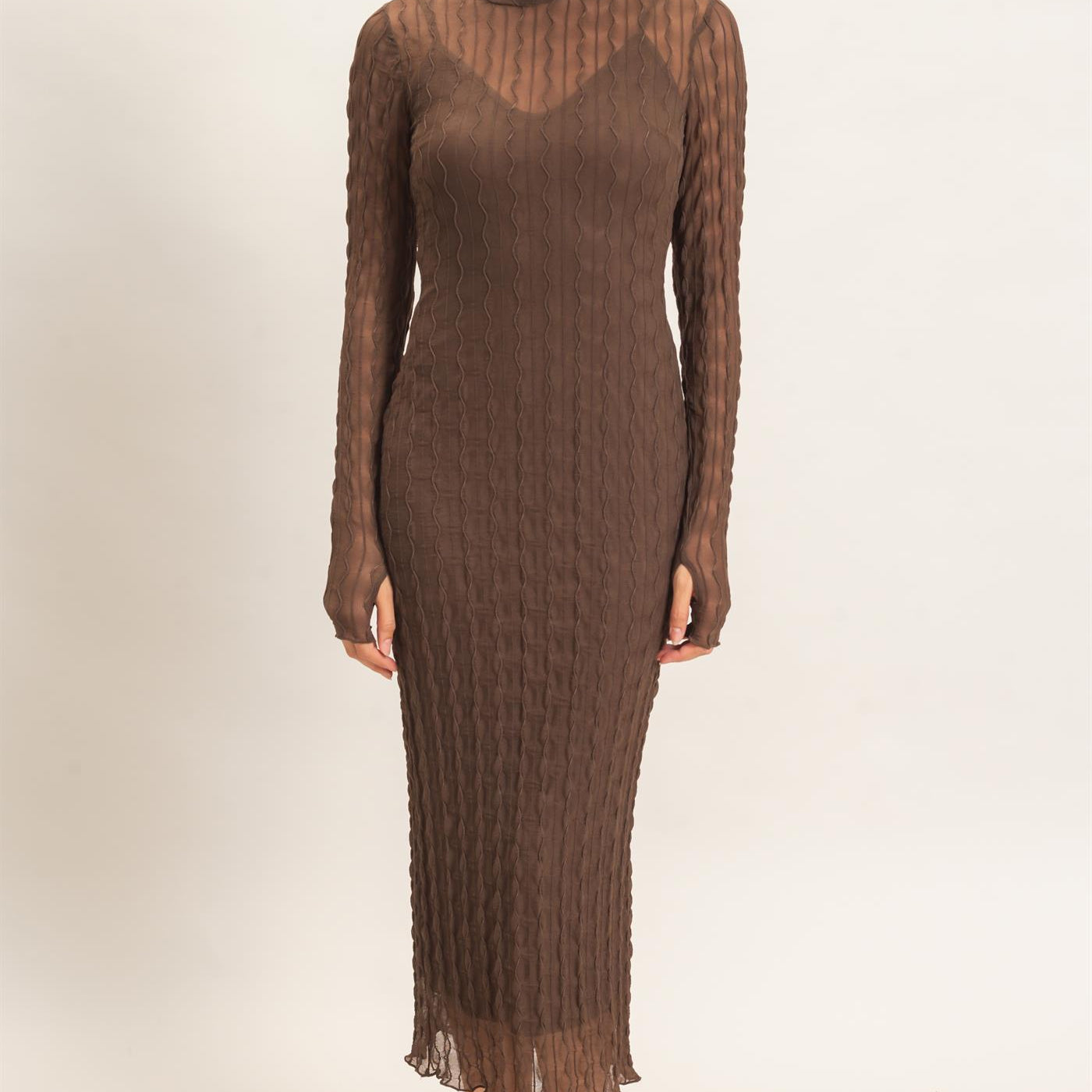 Wholesale Mesh Knit Maxi Dress Dresses HF26C890 BROWN HYFVE