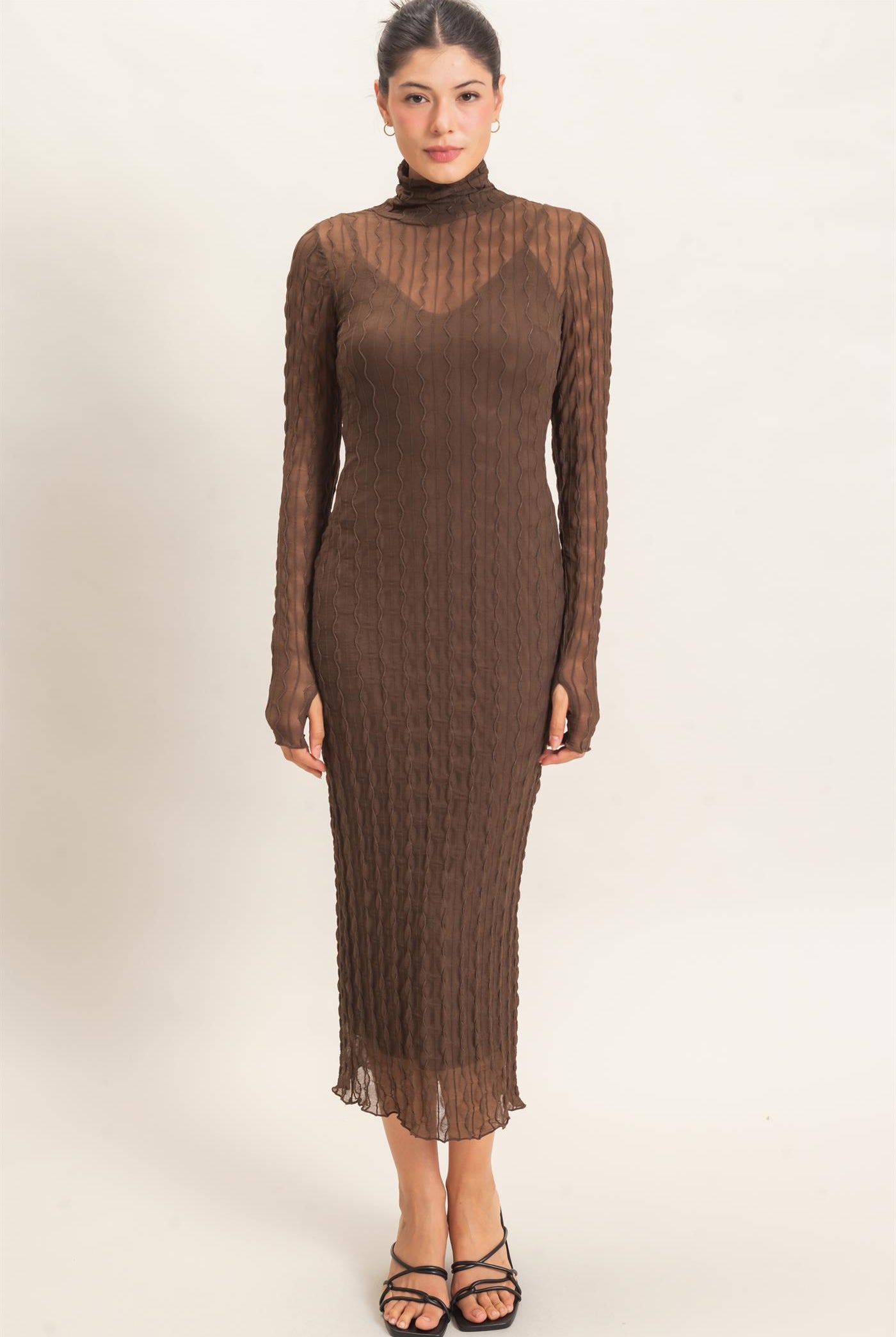 Wholesale Mesh Knit Maxi Dress Dresses HF26C890 BROWN HYFVE