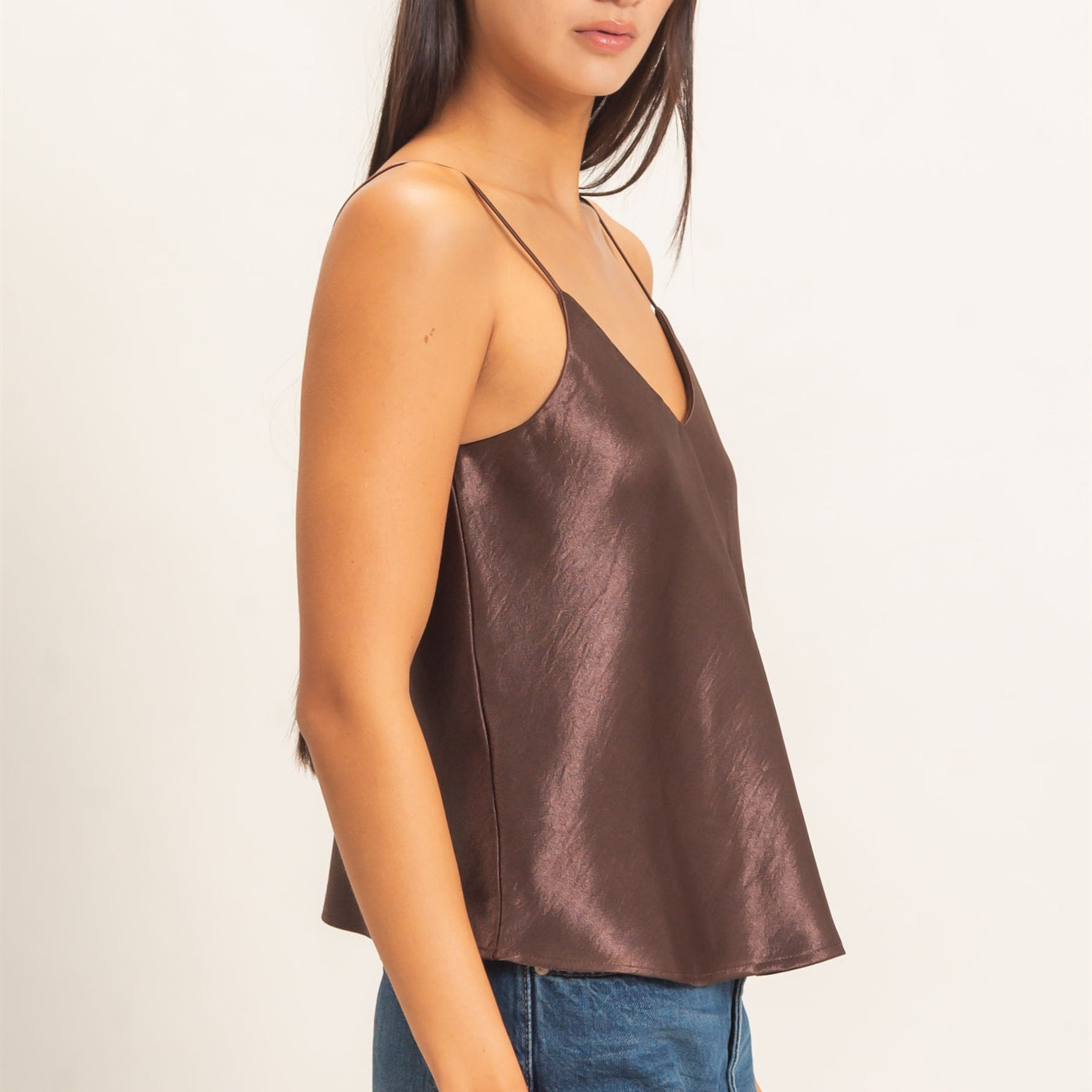 Wholesale V-Neck Satin Cami Top Camisoles DZ26C976 DARK BROWN DOUBLE ZERO