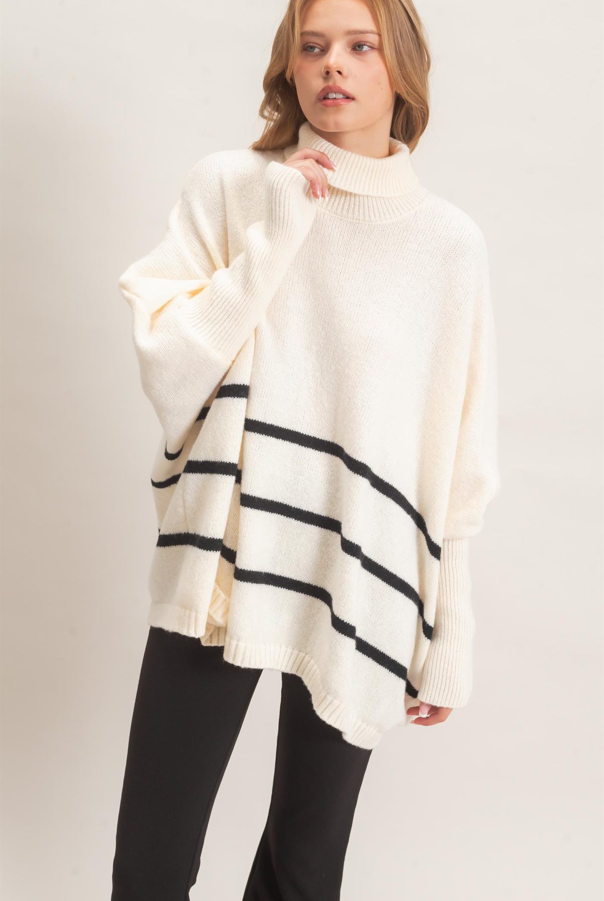 Wholesale Striped Turtleneck Poncho Sweater Sweaters HF26F194 WARM WHITE HYFVE
