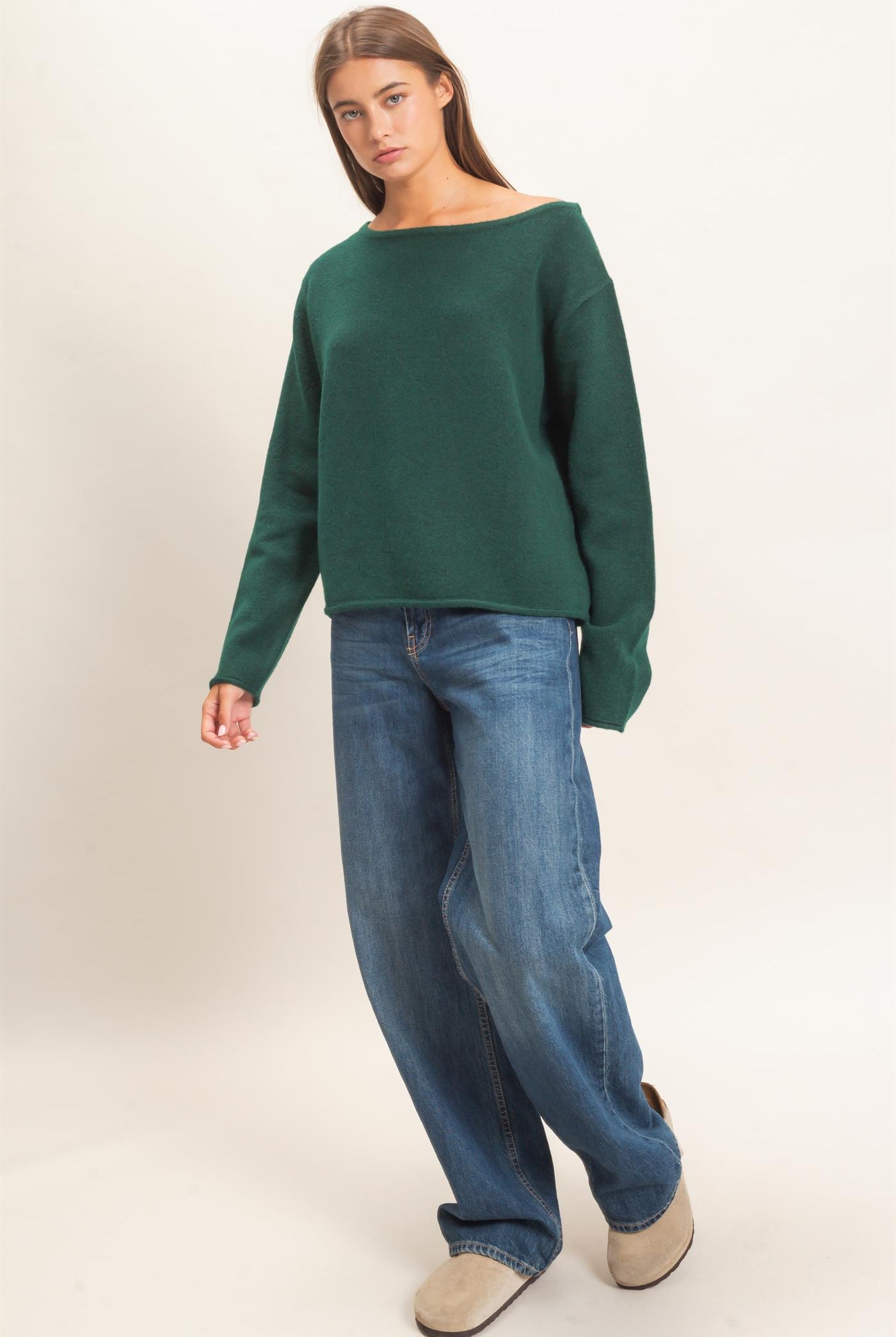 Wholesale Off The Shoulder Sweater Sweaters DZ26E652 DARK GREEN DOUBLE ZERO