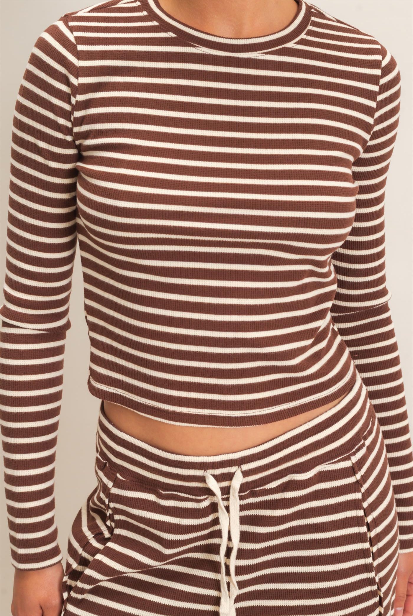 Wholesale Striped Waffle Long Sleeve Top & Pants Set Clothing DZ25F479-SET DARK BROWN DOUBLE ZERO