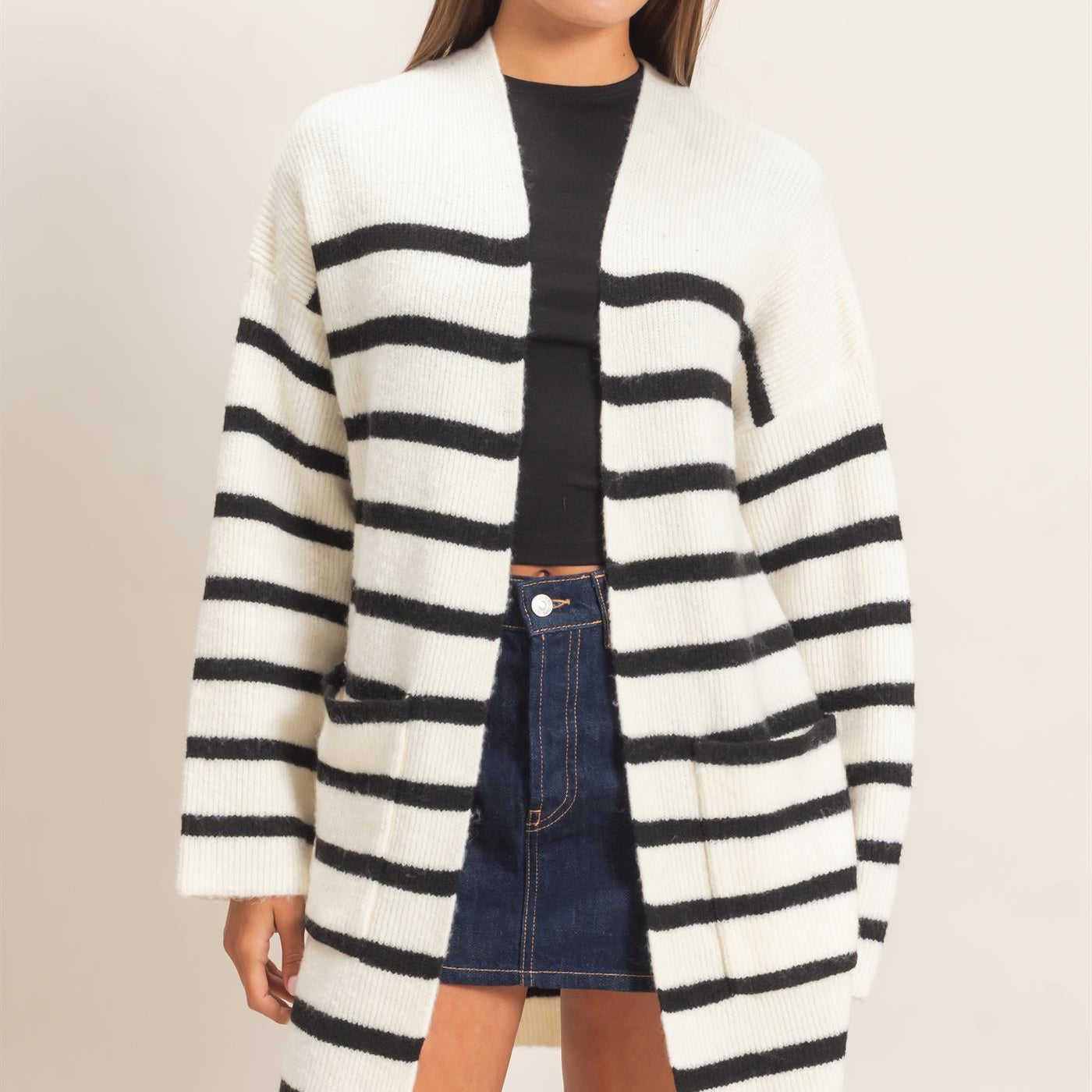 Wholesale Open Front Stripe Cardigan Cardigans DZ26C342 CREAM DOUBLE ZERO