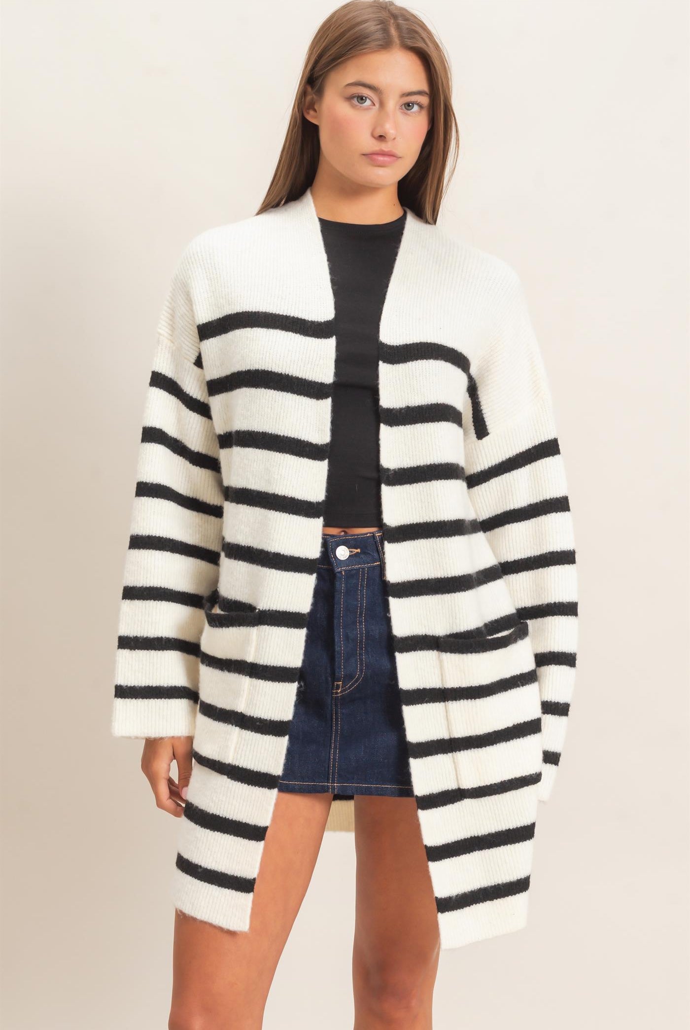 Wholesale Open Front Stripe Cardigan Cardigans DZ26C342 CREAM DOUBLE ZERO