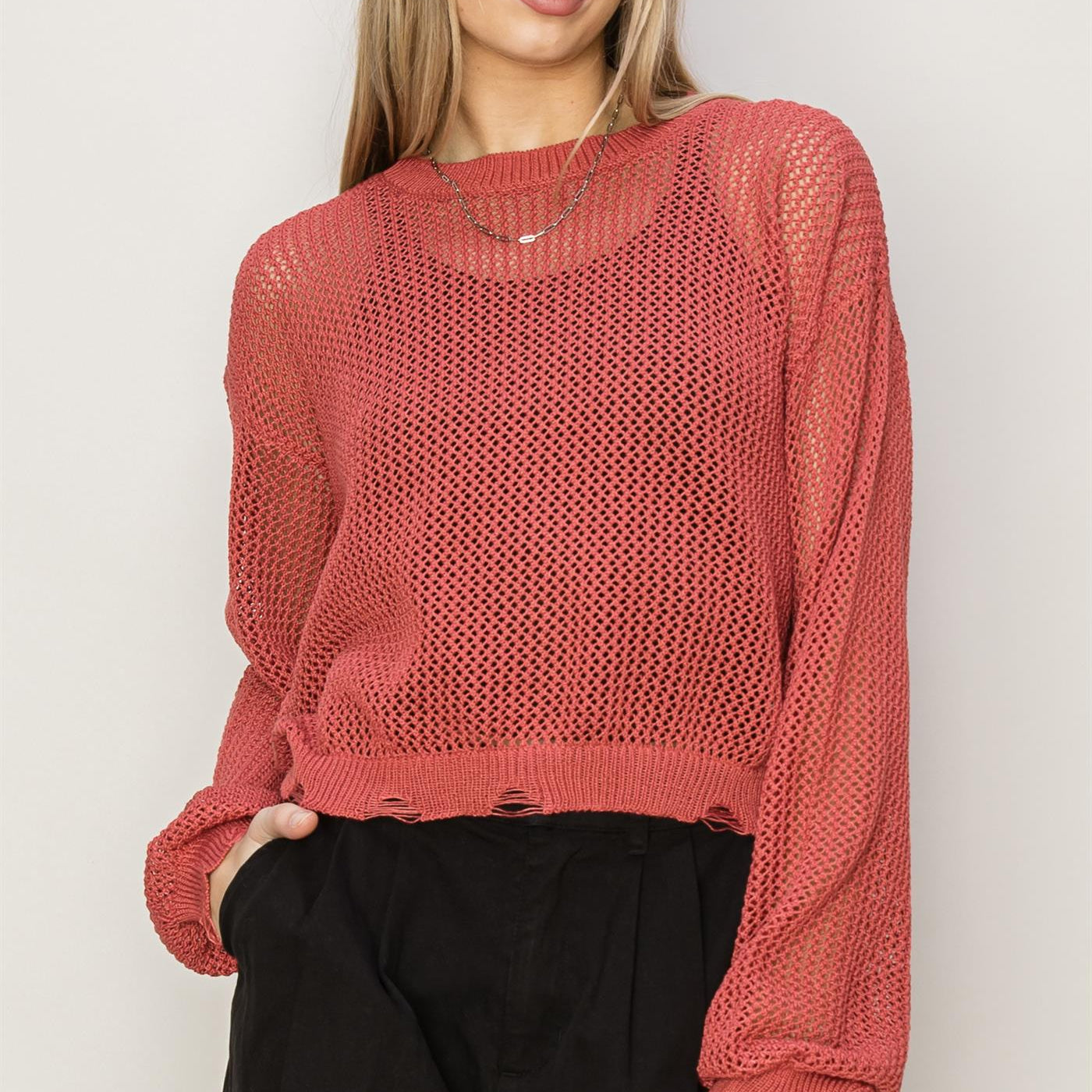 Wholesale Distressed Knit Sweater Clothing Tops DZ24C038 BRICK DOUBLE ZERO