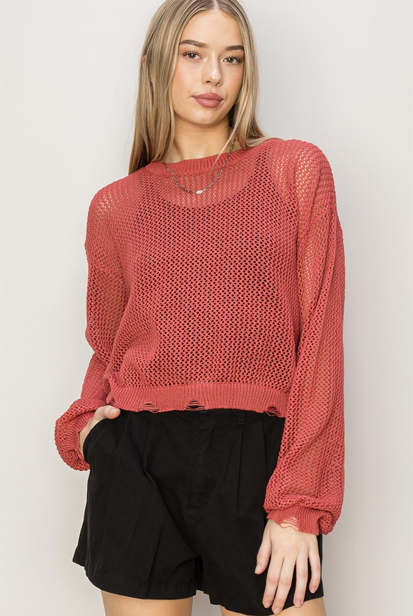 Wholesale Distressed Knit Sweater Clothing Tops DZ24C038 BRICK DOUBLE ZERO