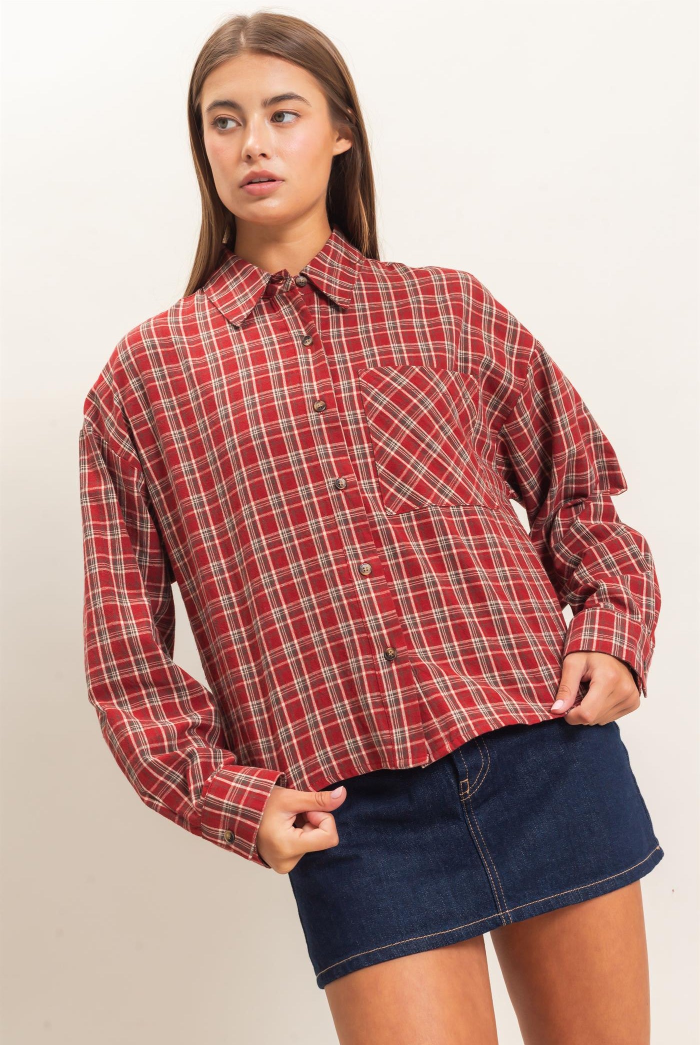 Wholesale Plaid Button-Up Shirt Clothing Tops DZ26E395 DARK RED DOUBLE ZERO