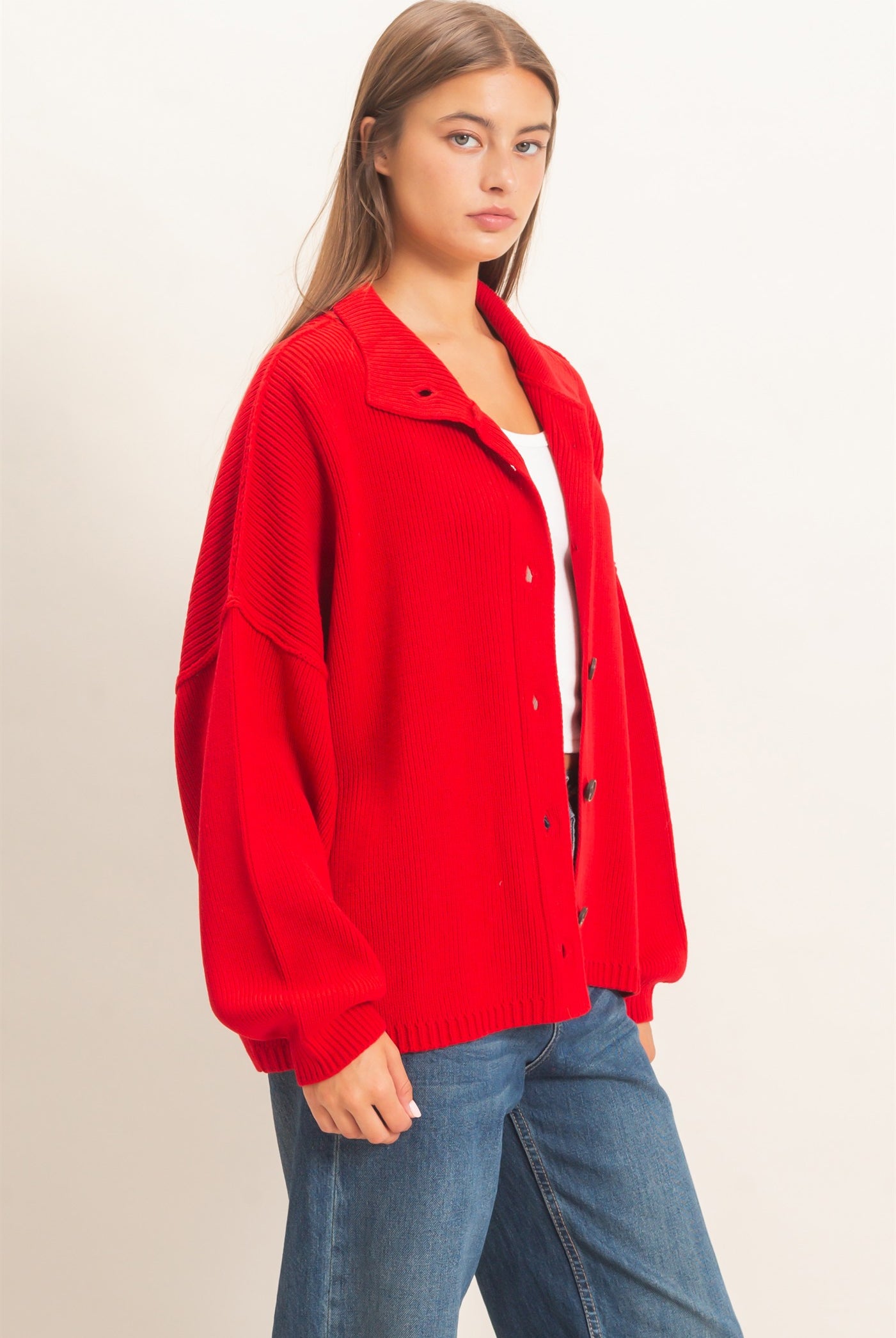 Wholesale High Neck Oversized Cardigan Cardigans DZ26E280 RED DOUBLE ZERO