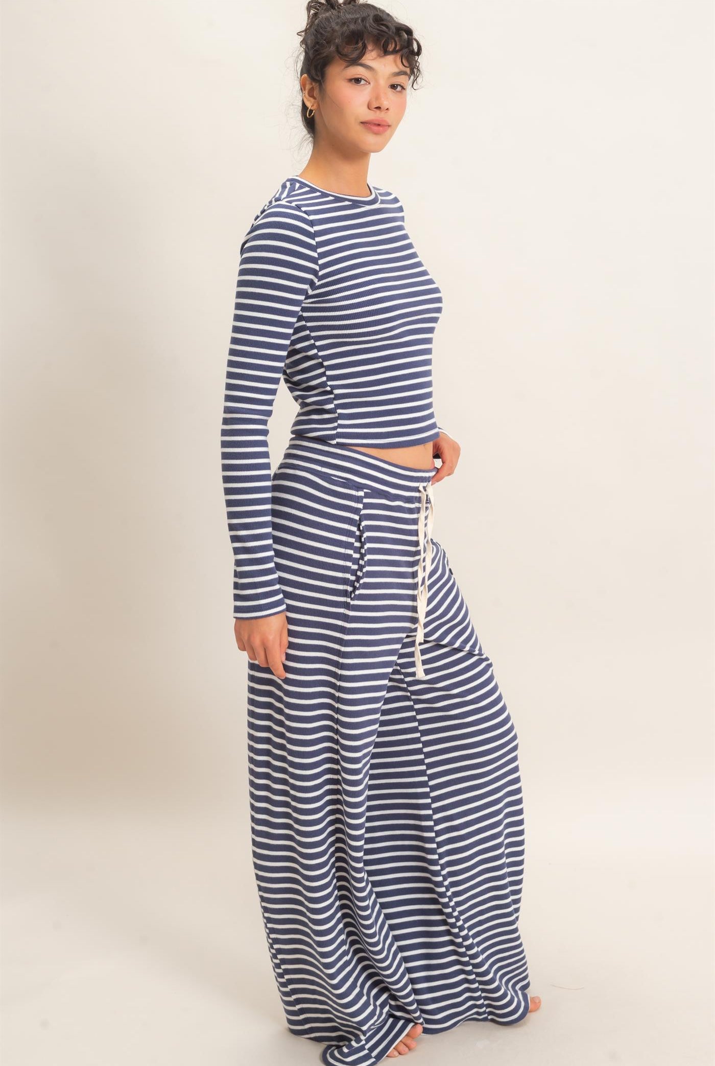 Wholesale Striped Waffle Long Sleeve Top & Pants Set Clothing DZ25F479-SET NAVY DOUBLE ZERO