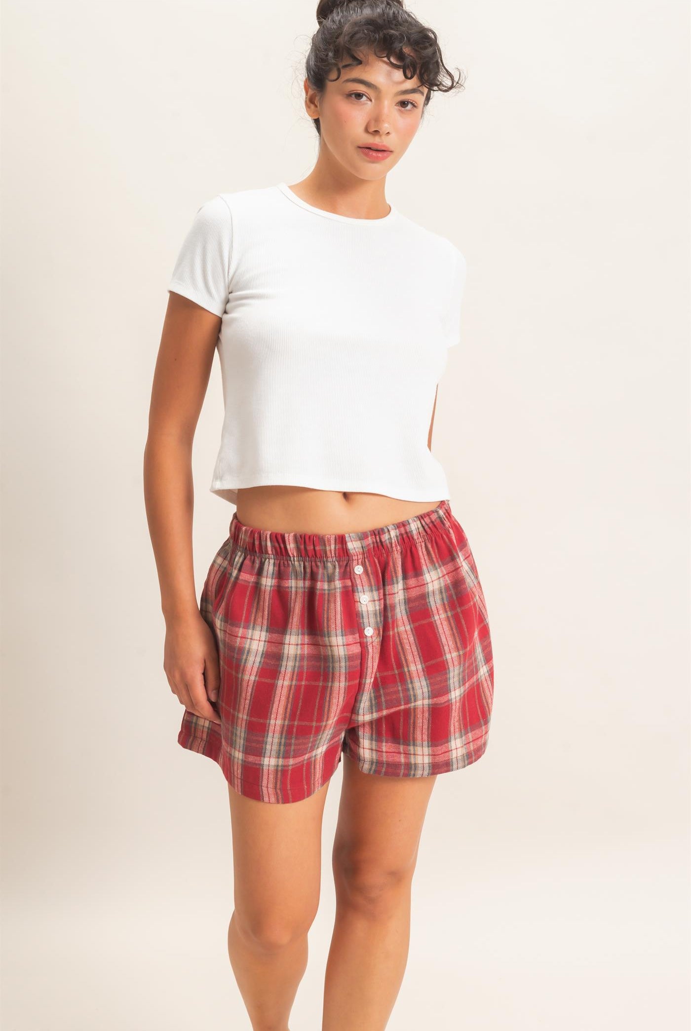 Wholesale Plaid Shorts With Button Front Shorts DZ26F270 RED DOUBLE ZERO