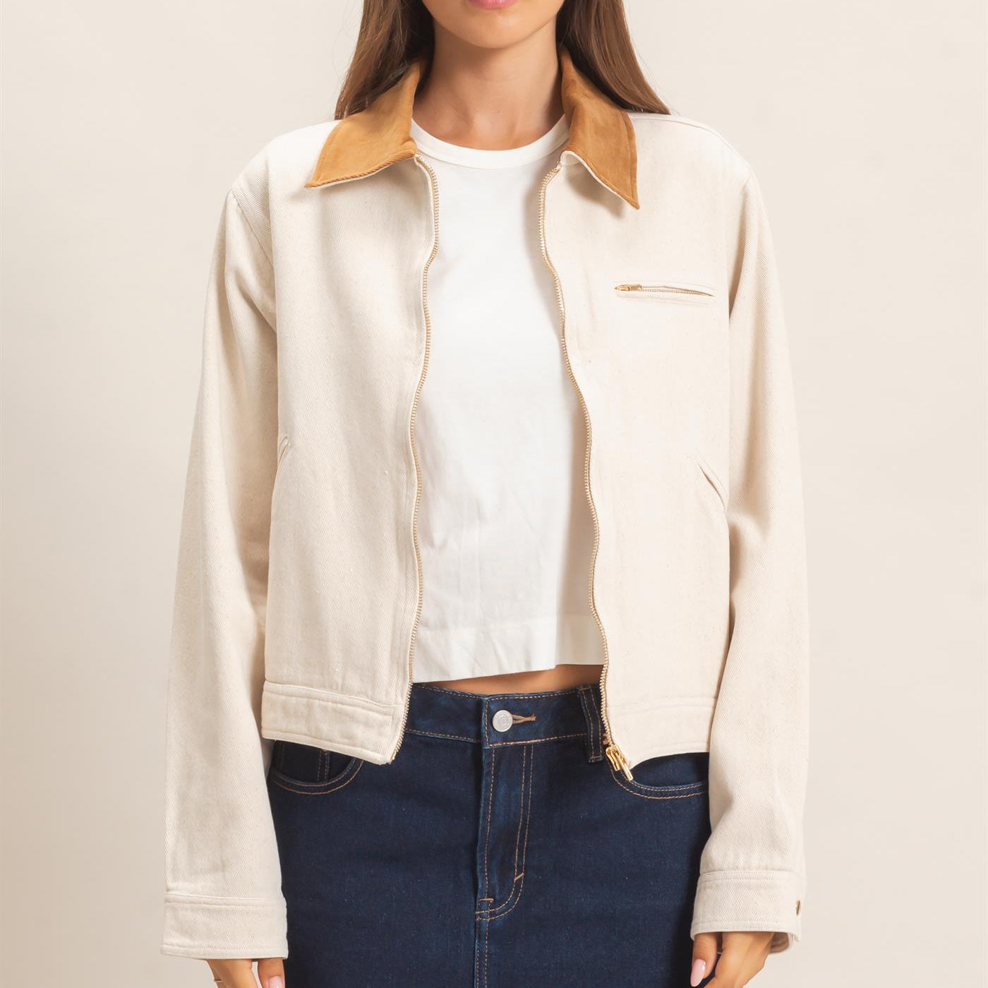 Wholesale Twill Jacket With Corduroy Collar Outerwear HF26E011 CREAM HYFVE
