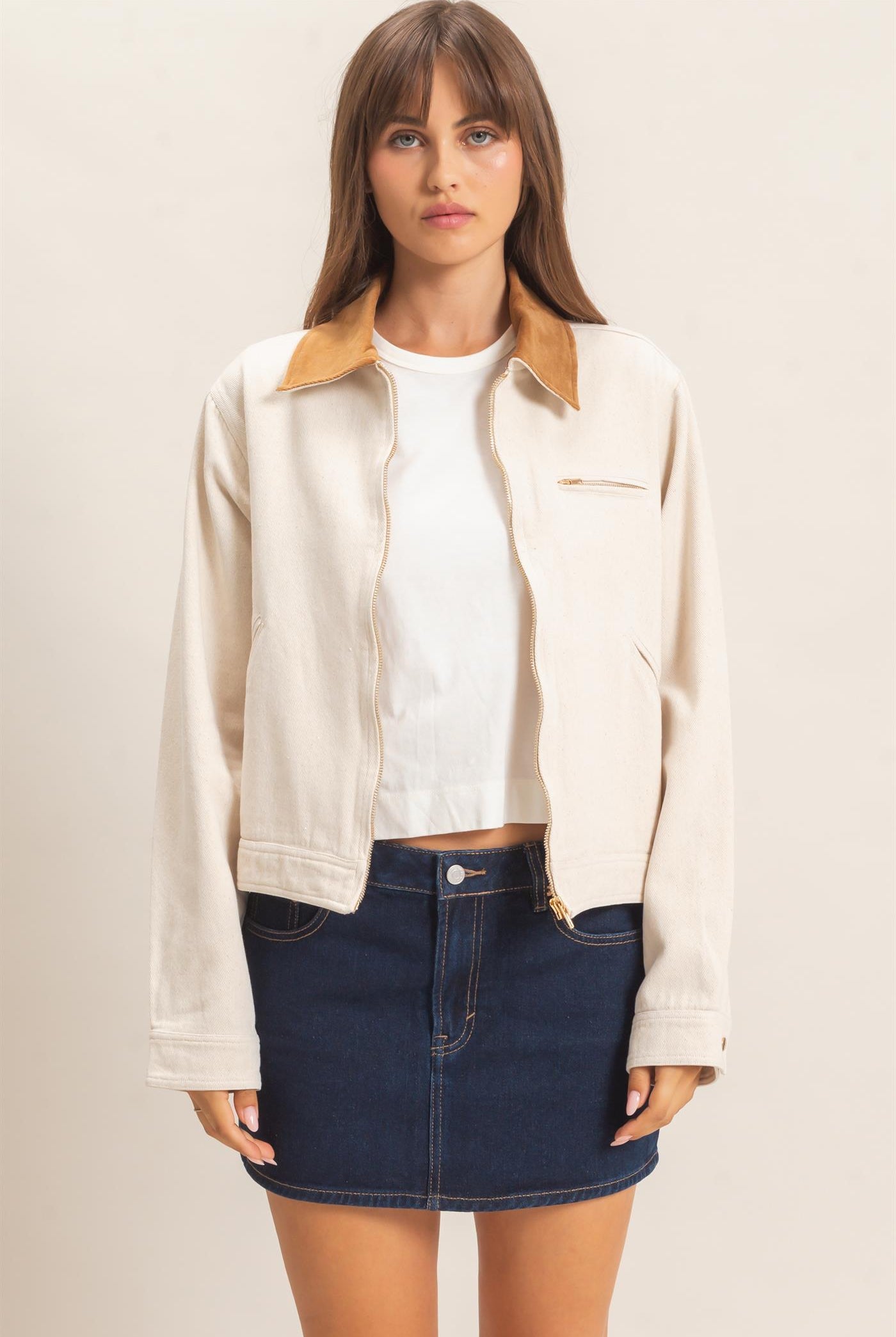 Wholesale Twill Jacket With Corduroy Collar Outerwear HF26E011 CREAM HYFVE