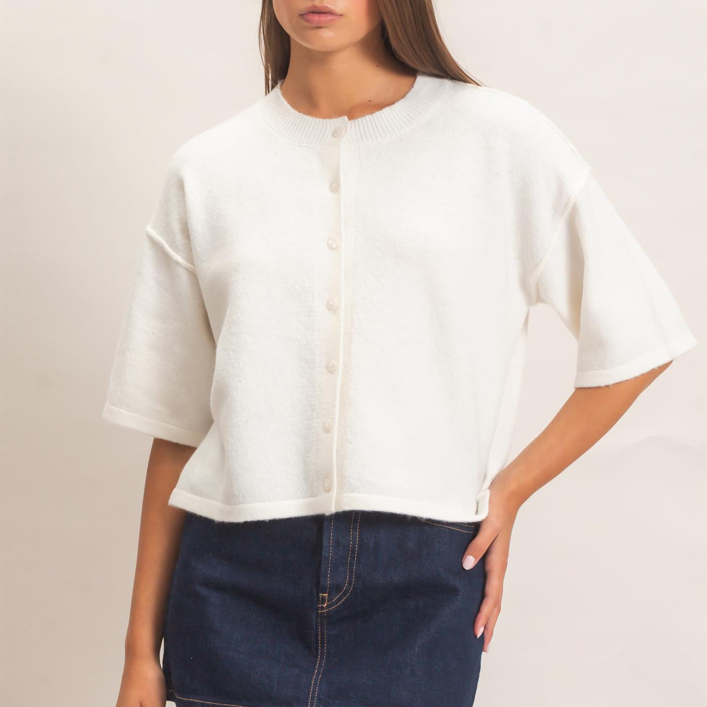 Wholesale Drop Shoulder Short Sleeve Cardigan Cardigans DZ26E238 WHIP CREAM DOUBLE ZERO