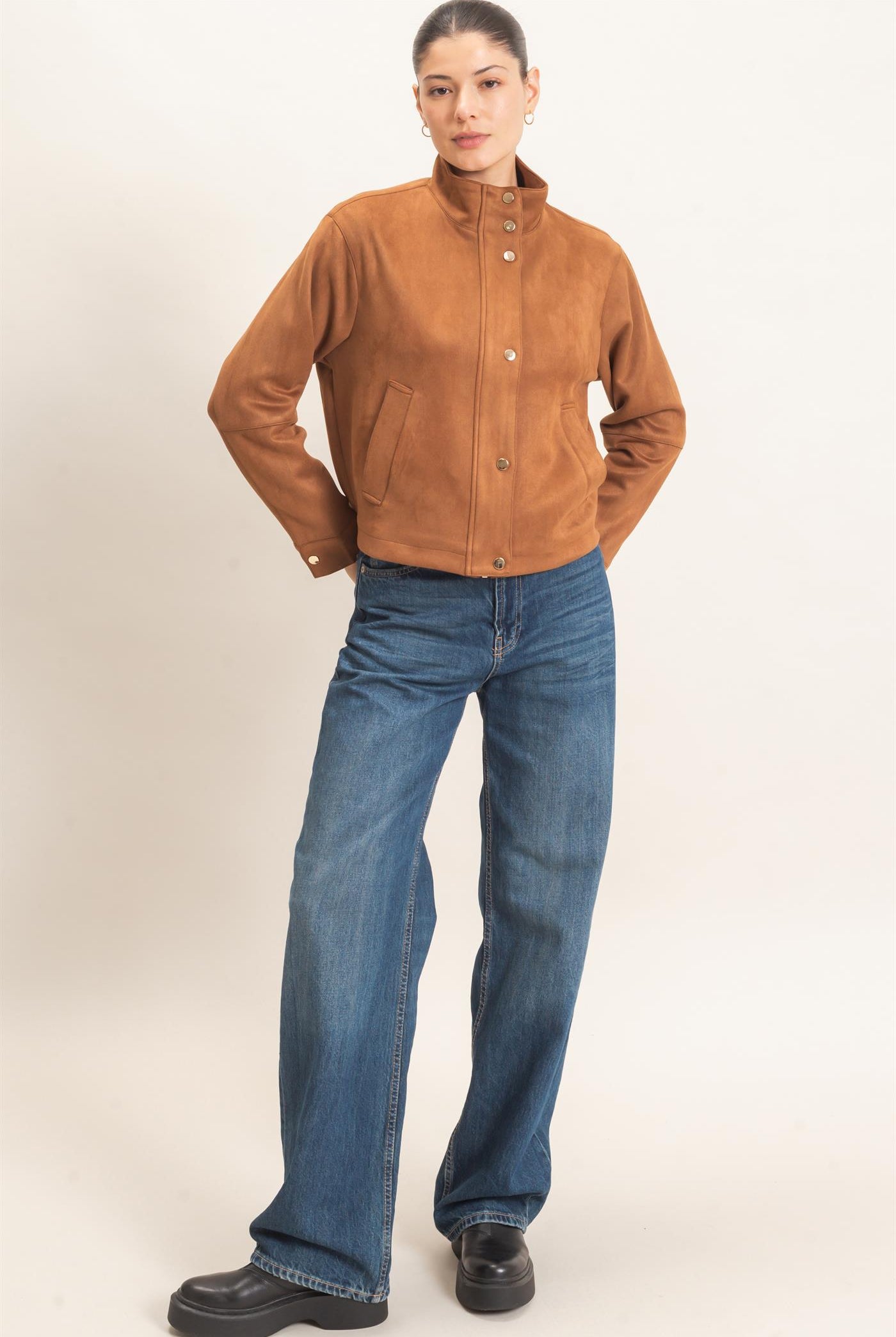 Wholesale Collar Suede Snap Jacket Coats & Jackets HF26E373 CAMEL HYFVE