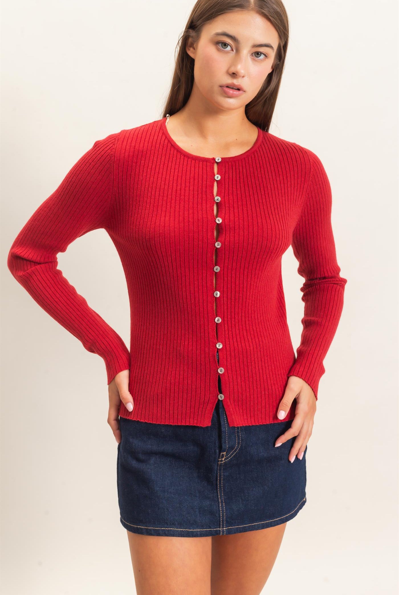 Wholesale Ribbed Button Front Cardigan Cardigans DZ26E322 DARK RED DOUBLE ZERO