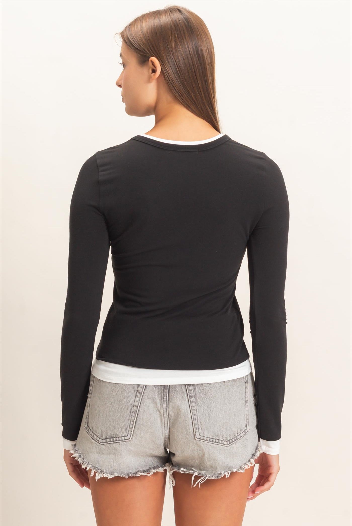Wholesale Layered Effect Long Sleeve Top Clothing Tops DZ26F341 BLACK DOUBLE ZERO