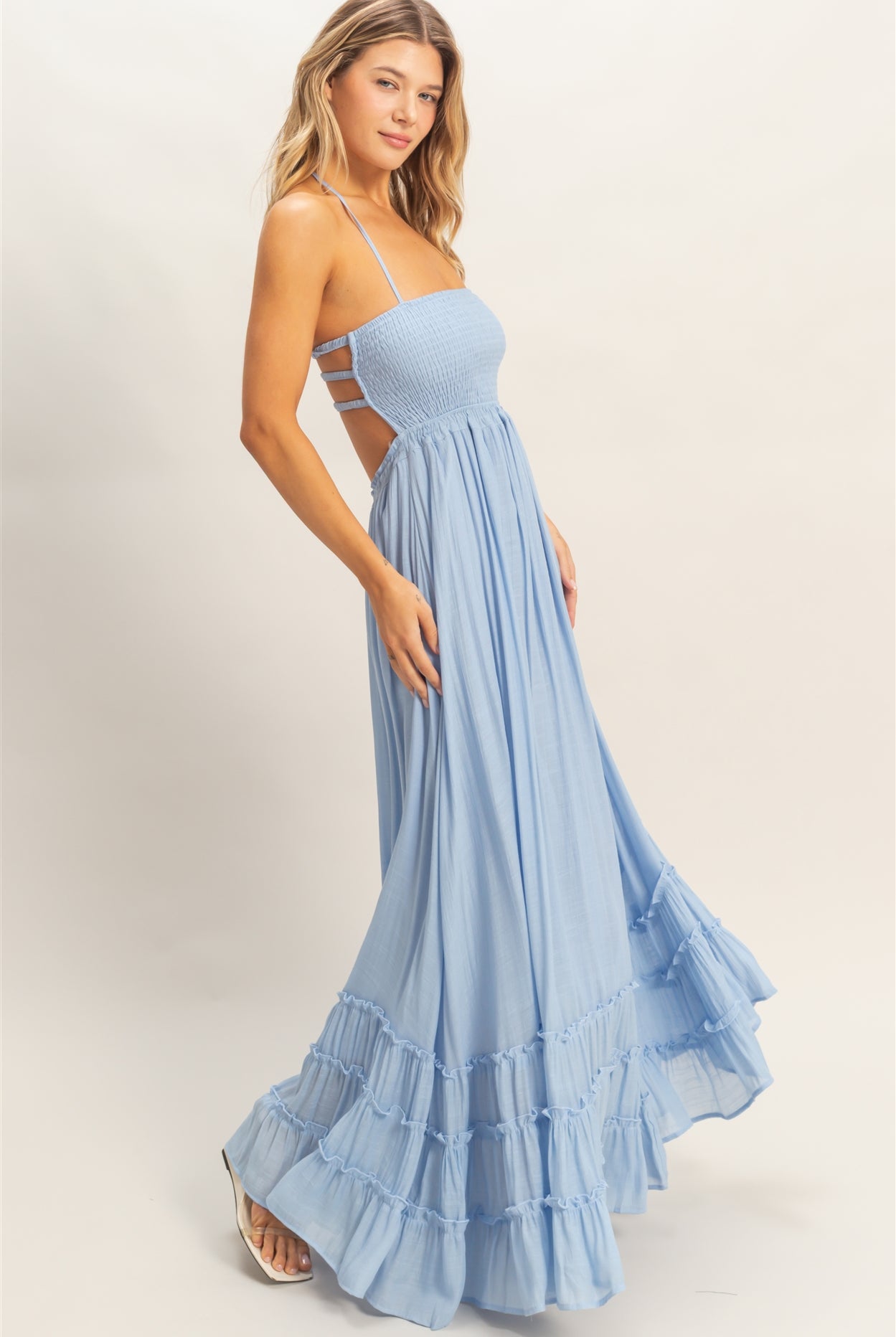 Wholesale Smocked Halter Maxi Dress Dresses HF26C290-D POWDER BLUE HYFVE