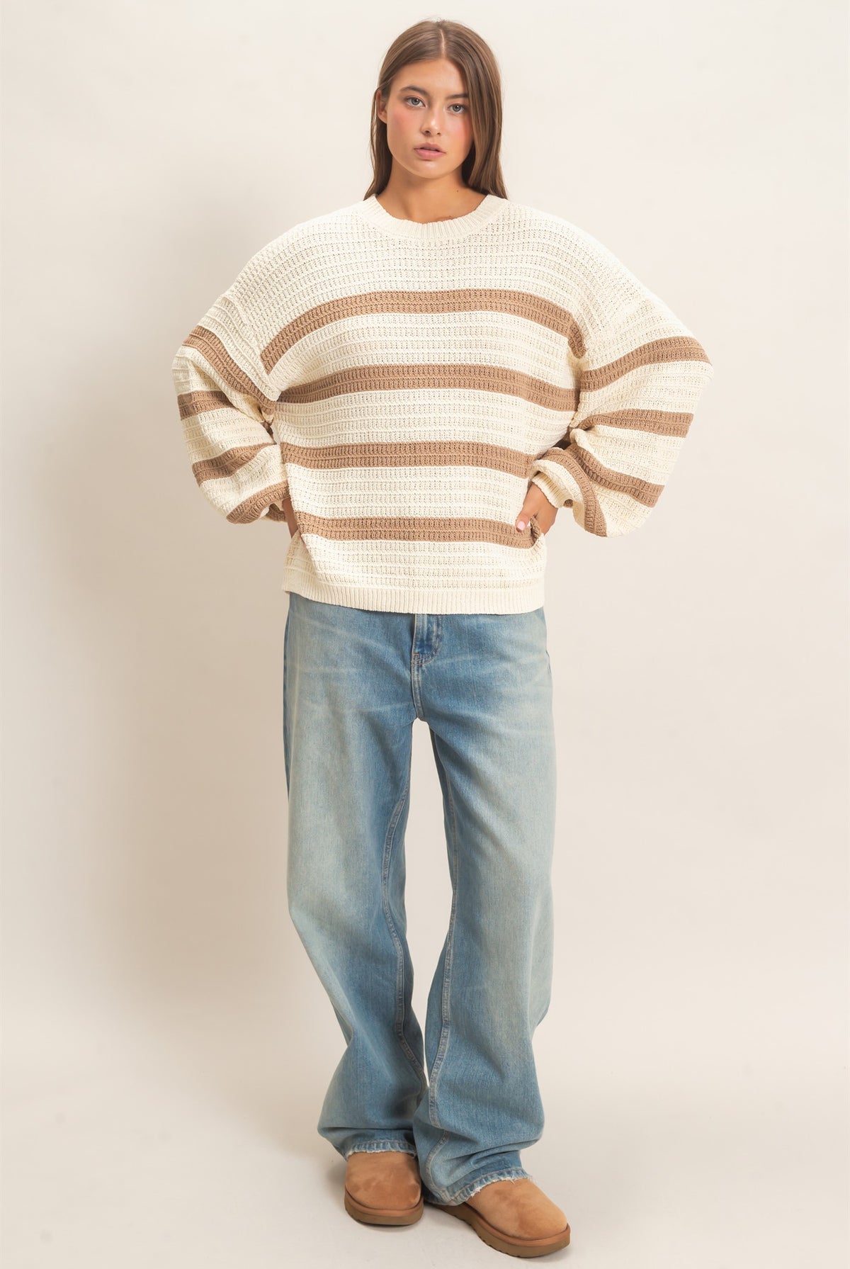 Wholesale Striped Oversized Sweater Sweaters DZ27A192 TAUPE DOUBLE ZERO