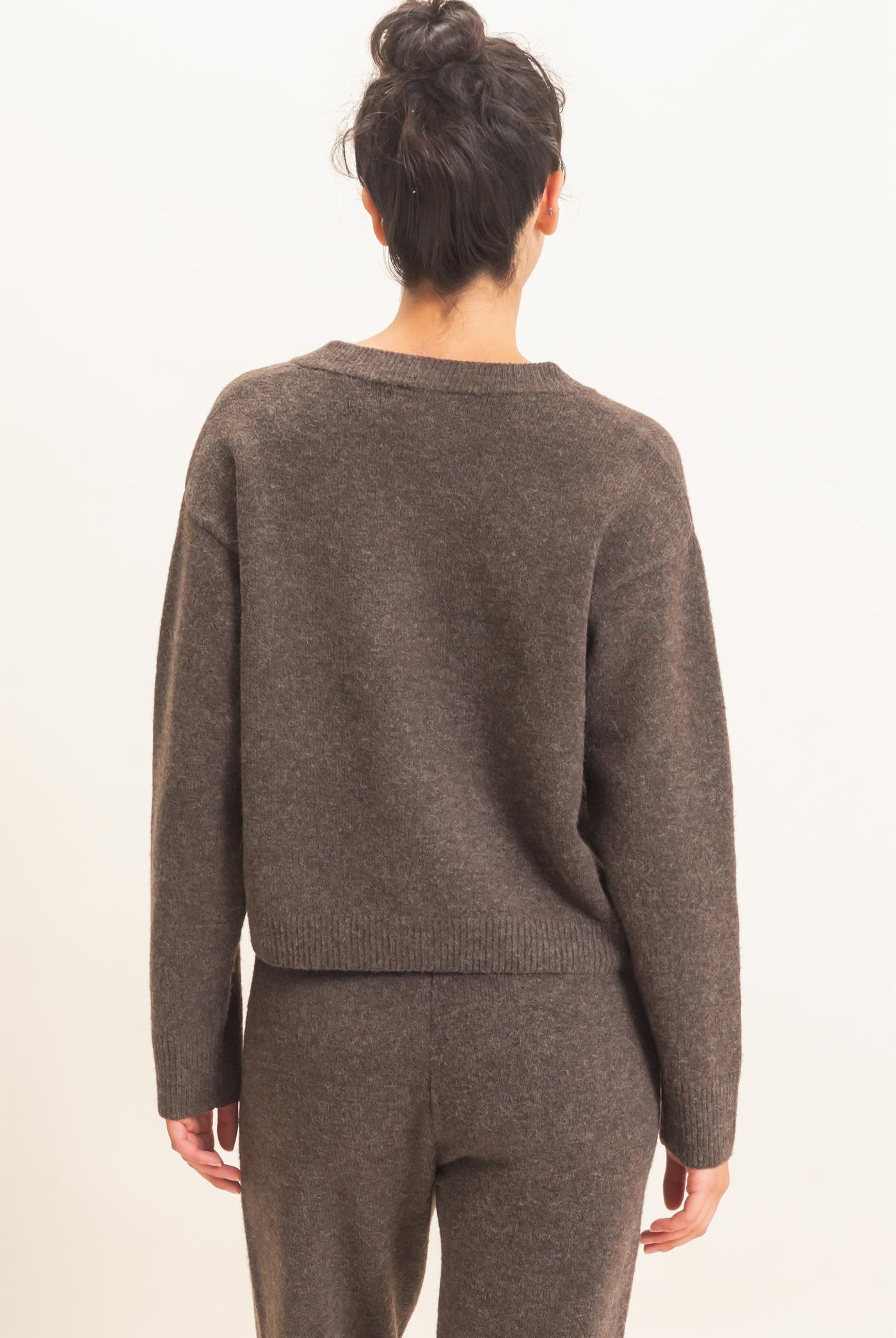 Wholesale Crew Neck Button Front Cardigan Cardigans DZ26E639 DARK BROWN DOUBLE ZERO