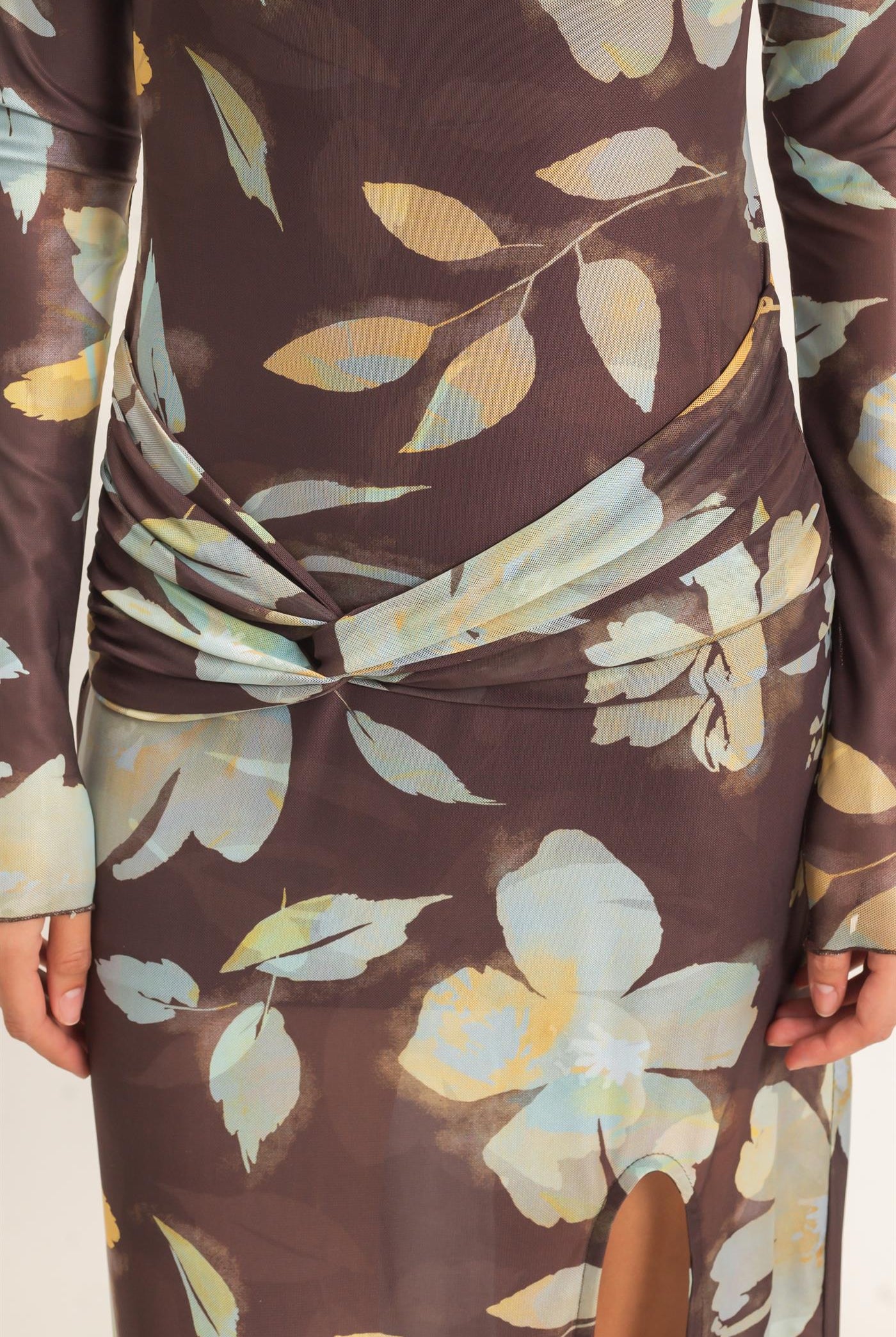 Wholesale Floral Mesh Knit Dress Dresses HF26E307 BROWN HYFVE