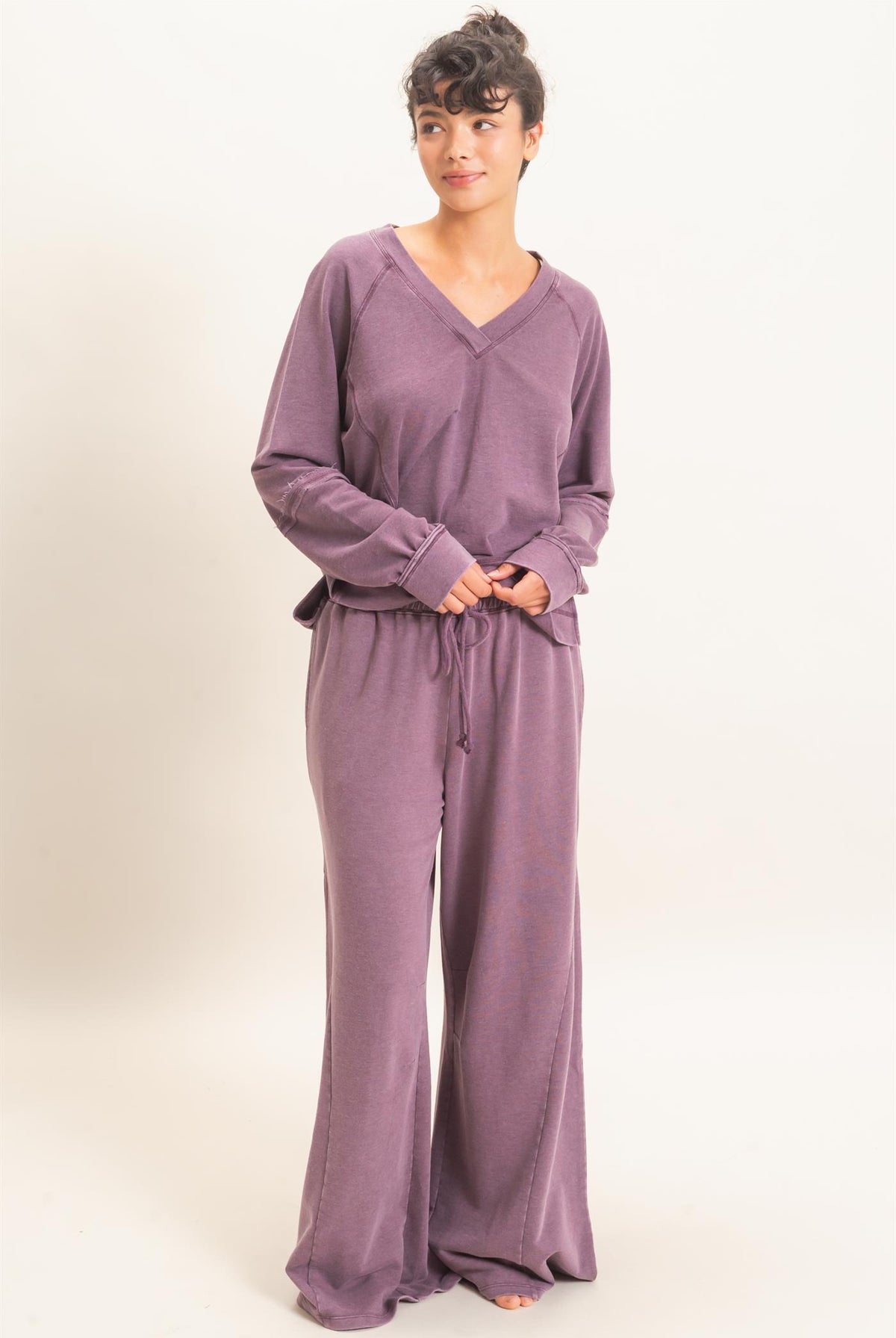 Wholesale Mineral Washed Wide Leg Pants Pants DZ26F082 DARK CHERRY DOUBLE ZERO