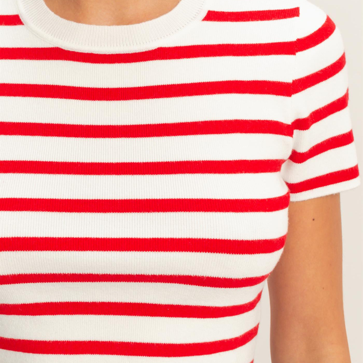 Wholesale Striped And Knit Crew Neck Crop Top Clothing Tops DZ26A139 RED DOUBLE ZERO