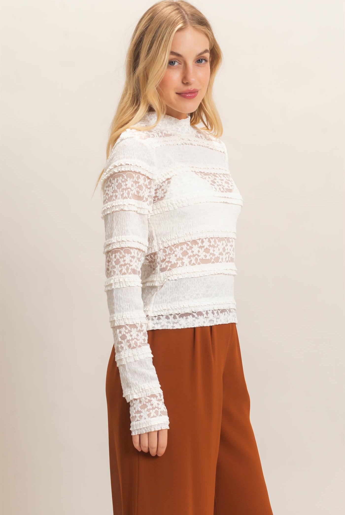 Wholesale Textured Lace High Neck Top Clothing Tops HF26C769 IVORY HYFVE