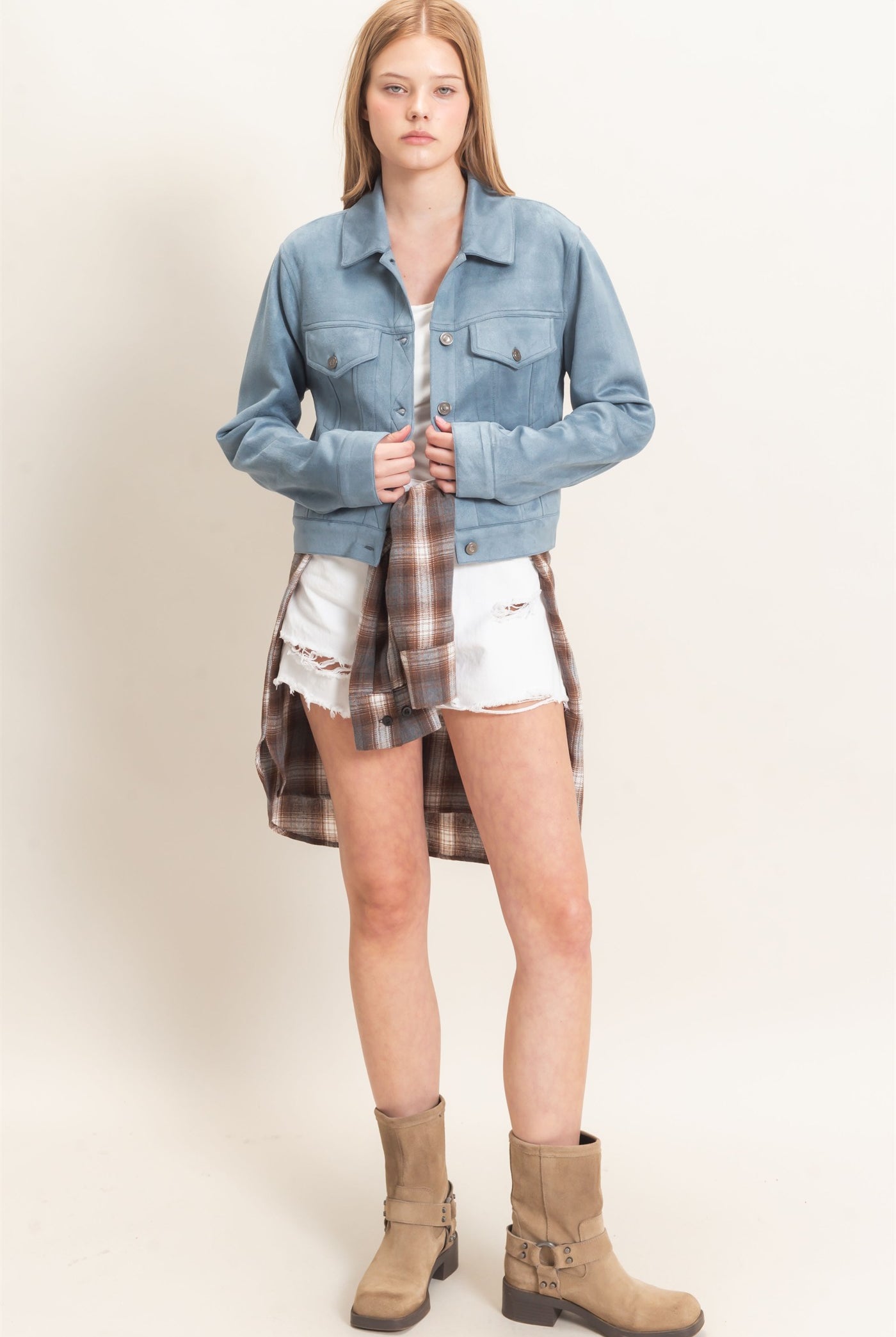 Wholesale Button-Up Suede Jacket Coats & Jackets HF26C772 STEEL BLUE HYFVE
