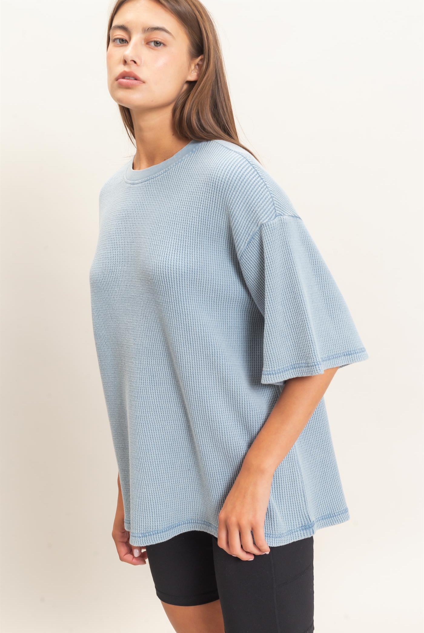Wholesale Mineral Wash Waffle Crew Neck Short Sleeve Top Clothing Tops DZ26E328 DUSTY BLUE DOUBLE ZERO