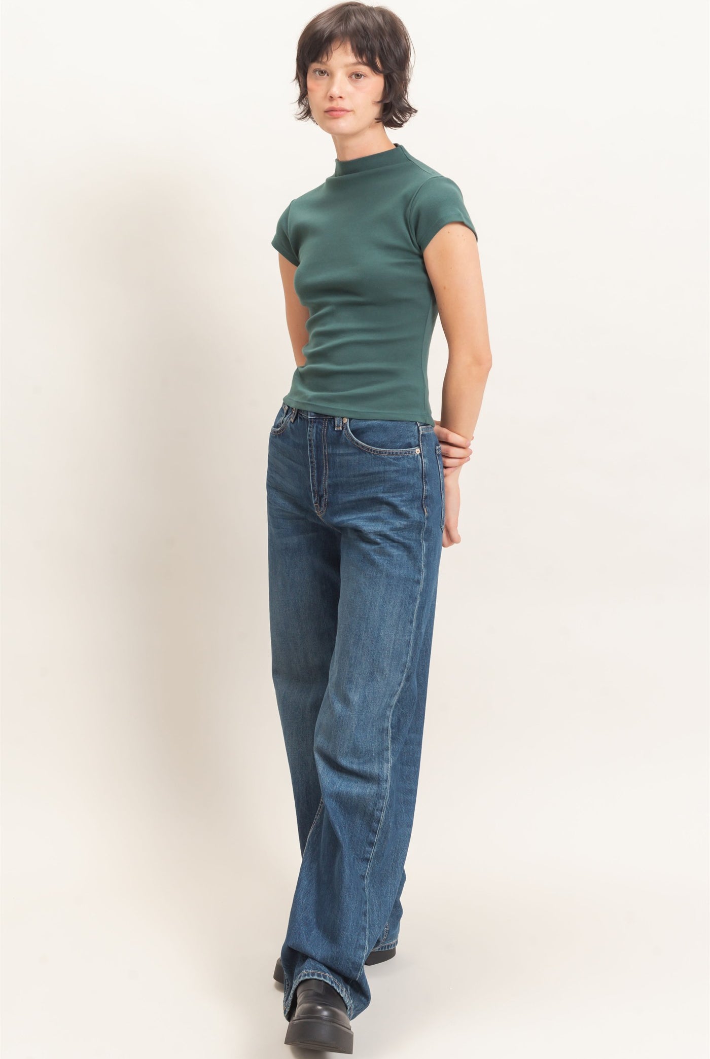 Wholesale Mock Neck Cap Sleeve Top Clothing Tops DZ26E323 DARK GREEN DOUBLE ZERO