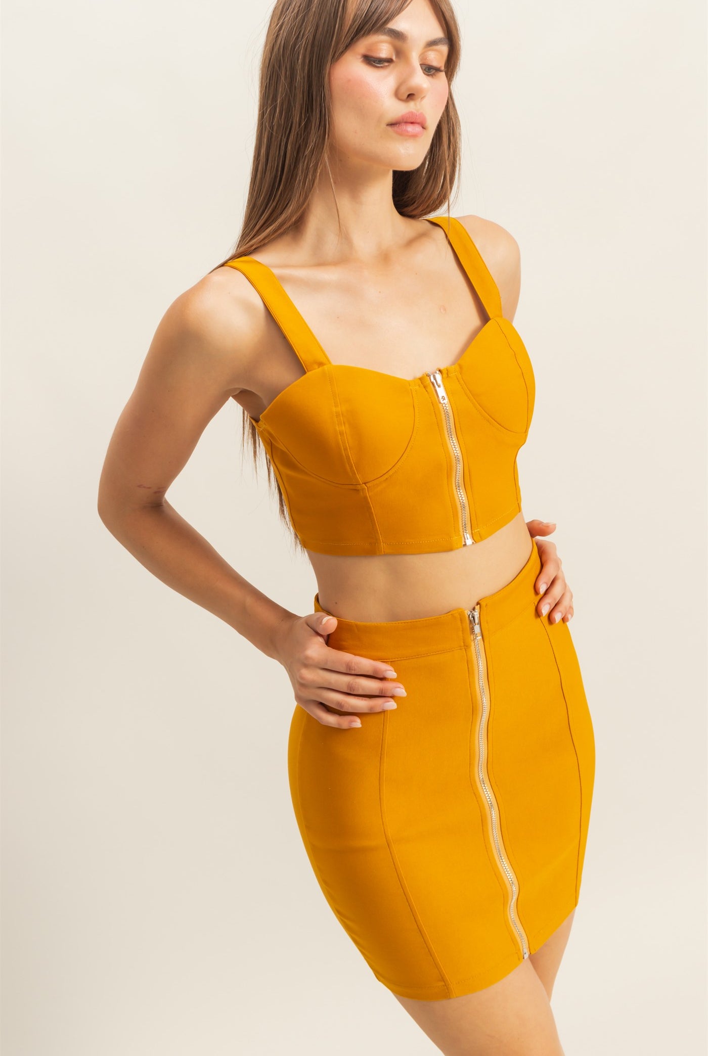 Wholesale Bustier Crop Top And Mini Skirt Set Clothing HF22E954-SET GOLDEN YELLOW HYFVE