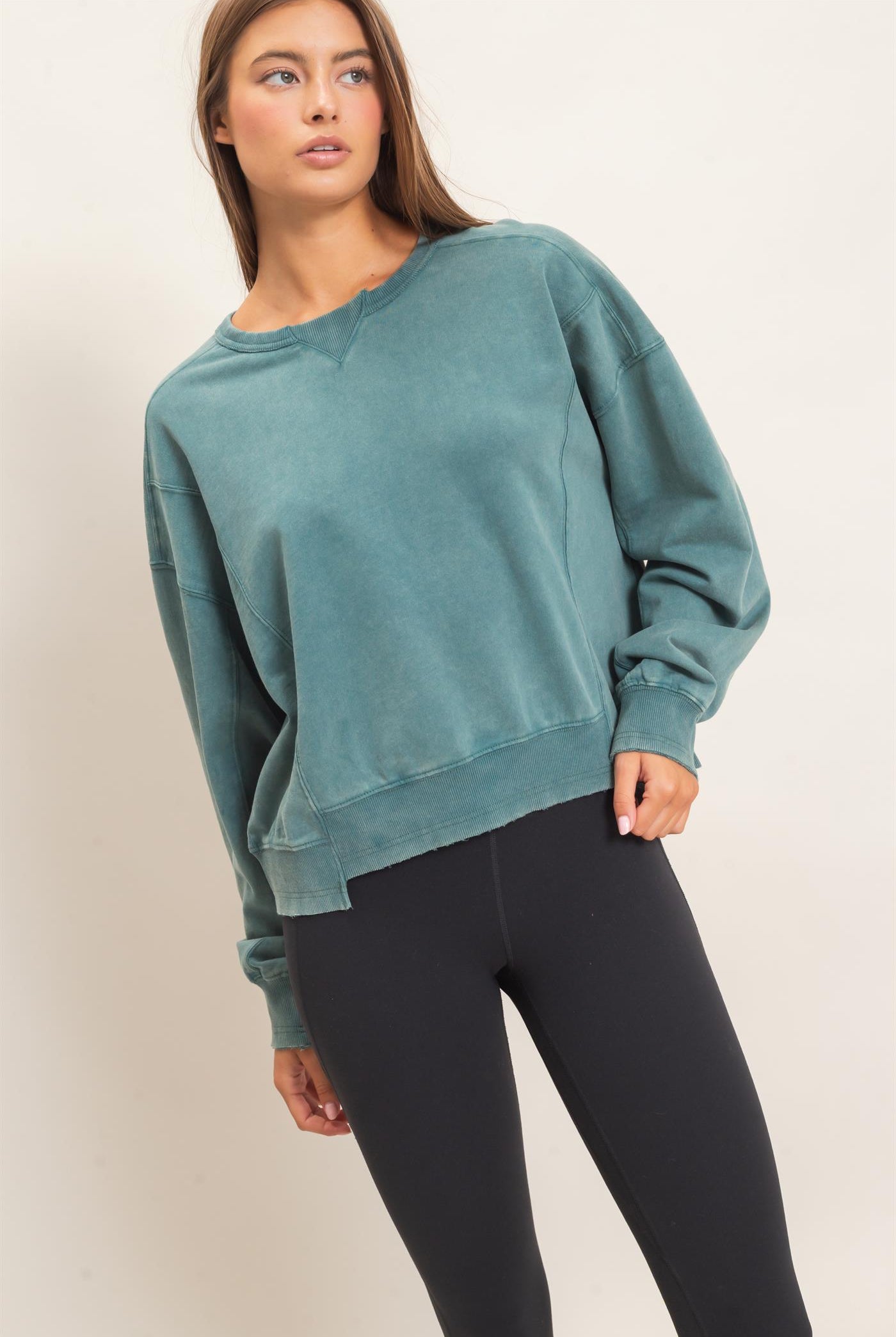 Wholesale Acid Wash Seam Detail Crew Neck Sweatshirt Sweatshirts DZ26E260 DARK TEAL DOUBLE ZERO