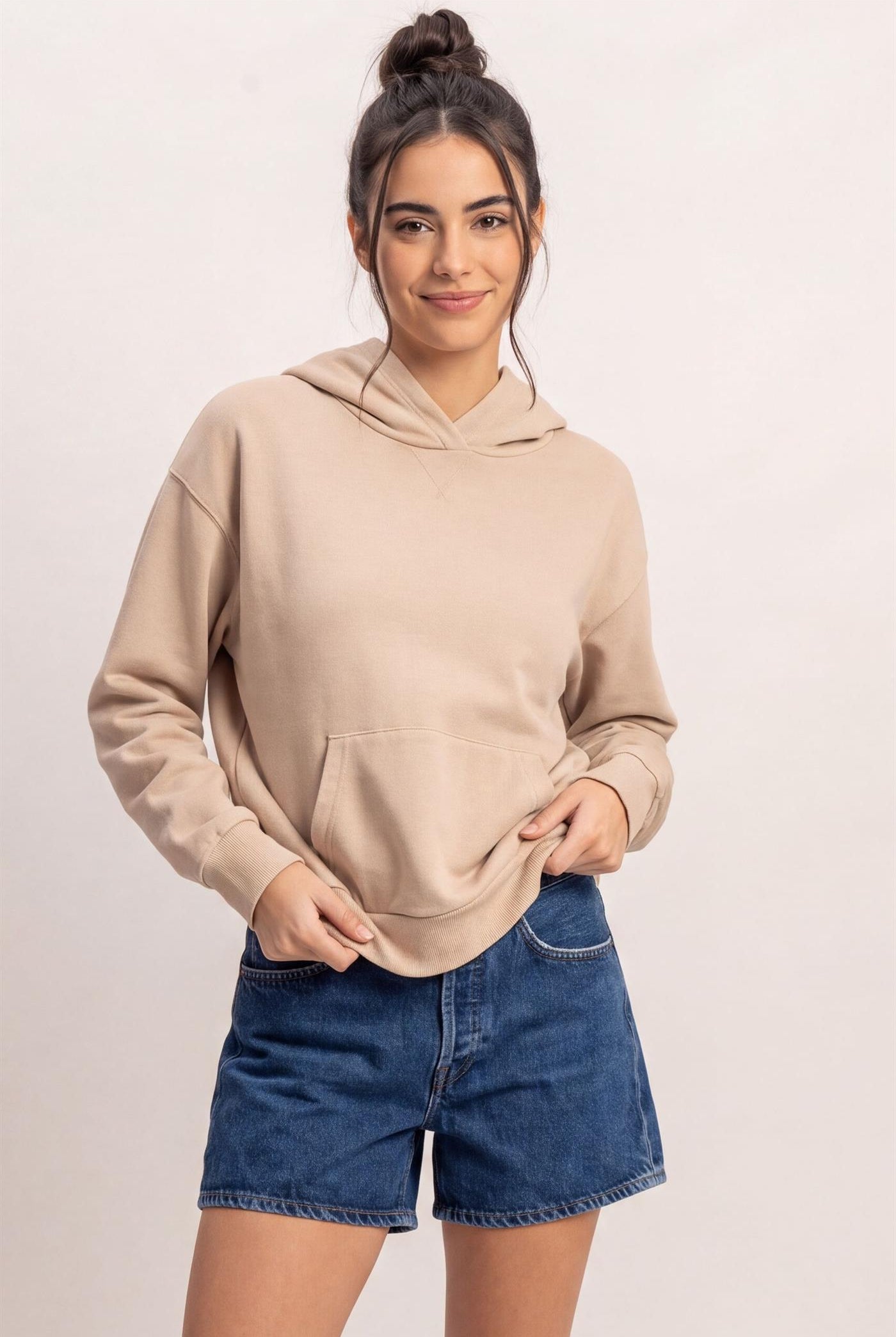 Wholesale Long Sleeve Hoodie With Kangaroo Pocket Hoodies DZ26F276 TAUPE DOUBLE ZERO
