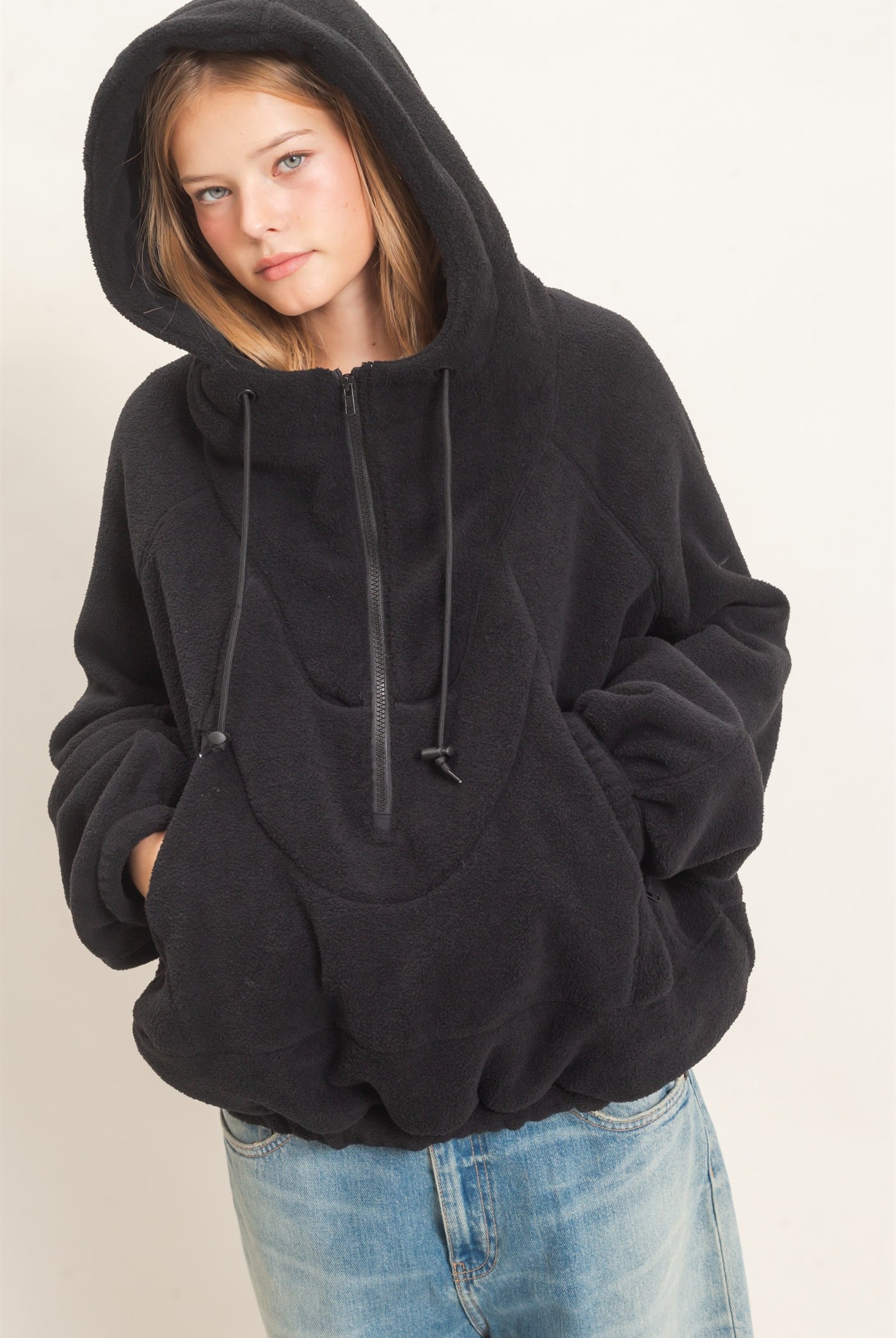 Wholesale Half-Zip Fleece Hoodie Hoodies HF26E561 BLACK HYFVE